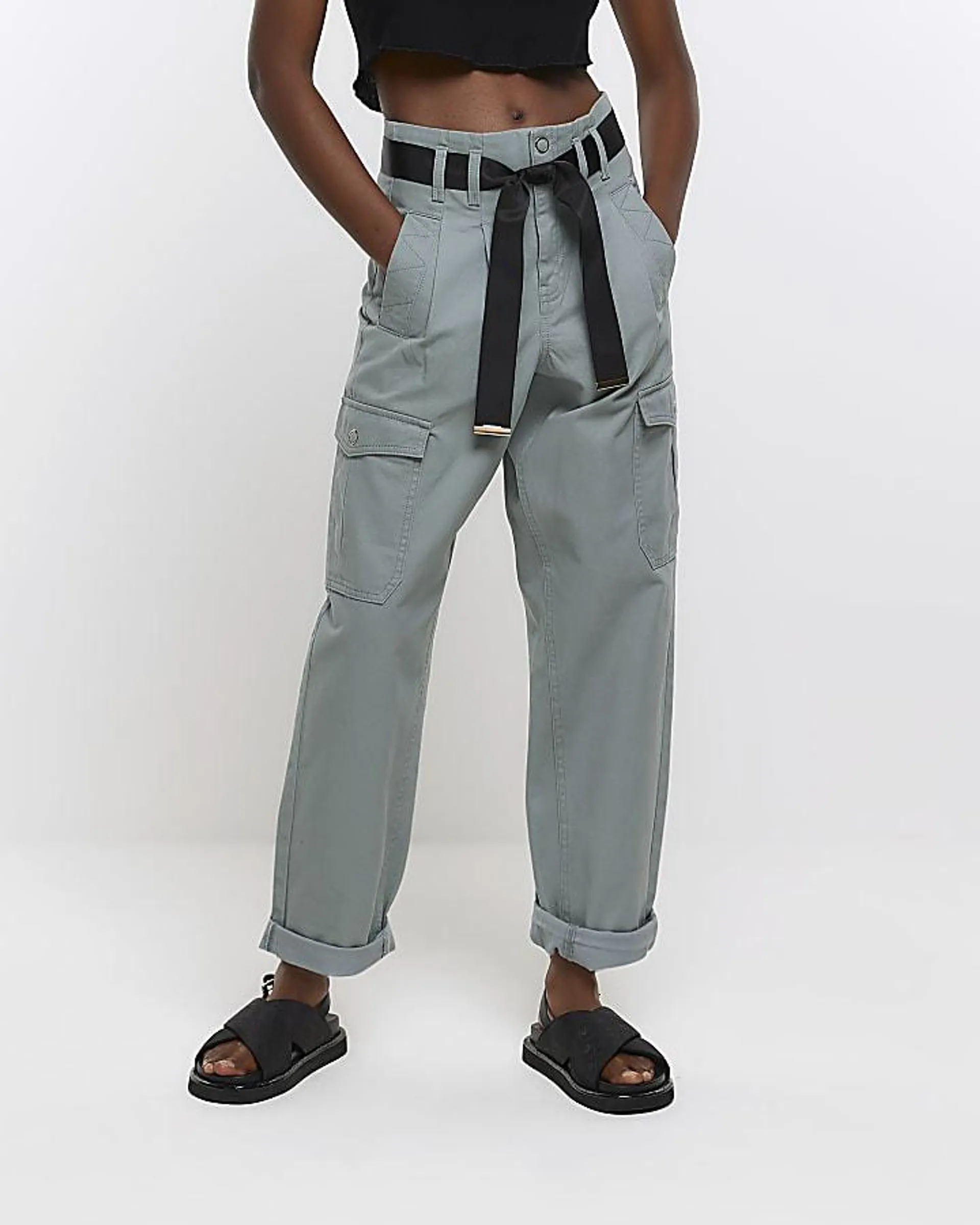 Blue belted paperbag cargo trousers