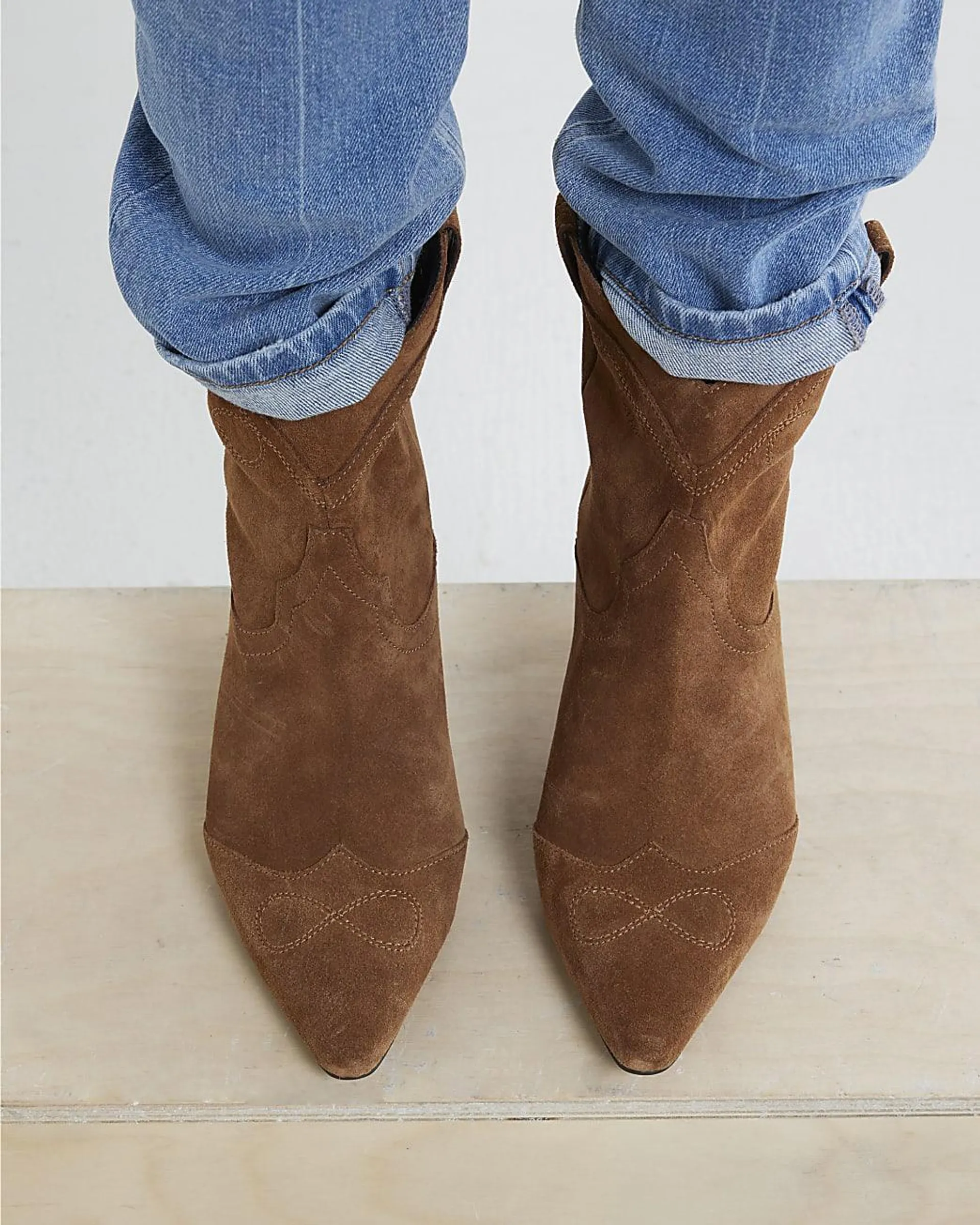 Brown Suede Kitten Heel Western Boots