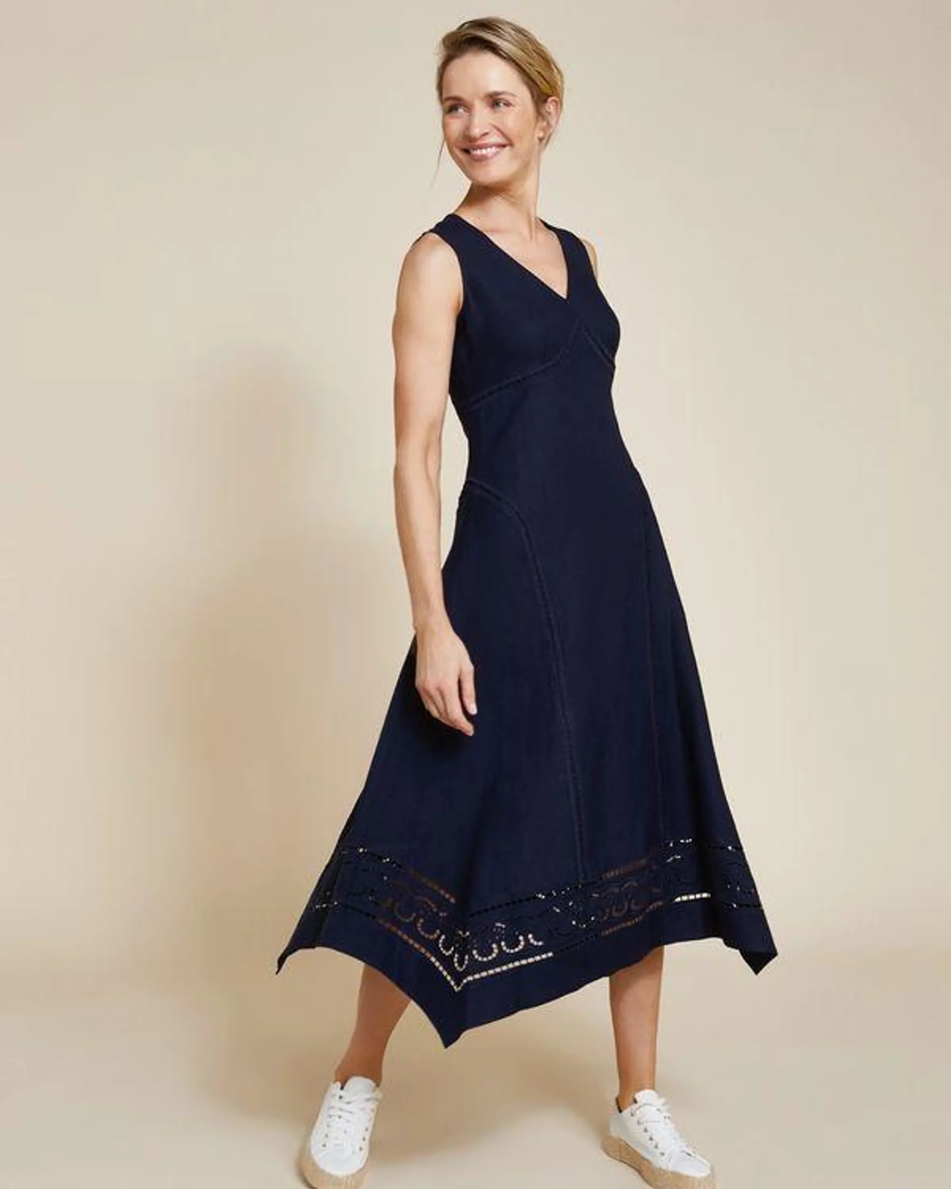Paul Costelloe Living Studio Navy Embroidered Linen Dress