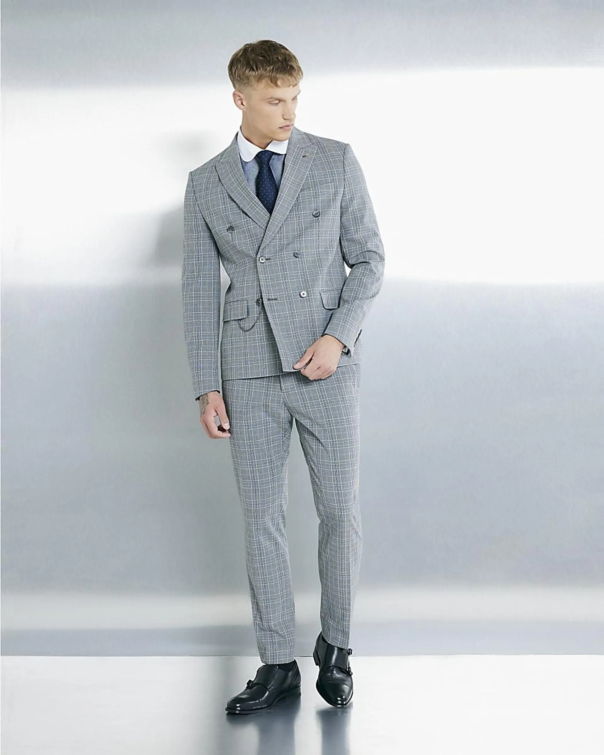 Grey Skinny Fit Check Suit Trousers