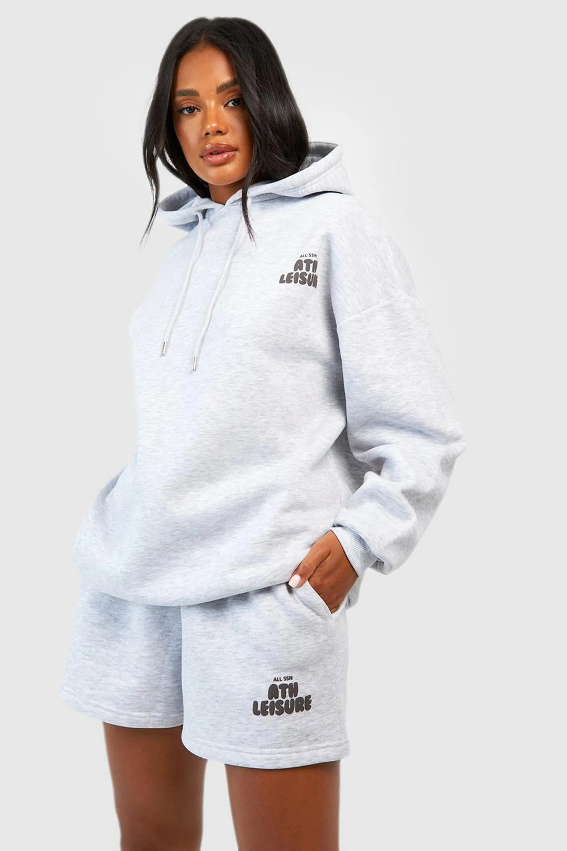 Ath Leisure Puff Print Slogan Hooded Short Tracksuit