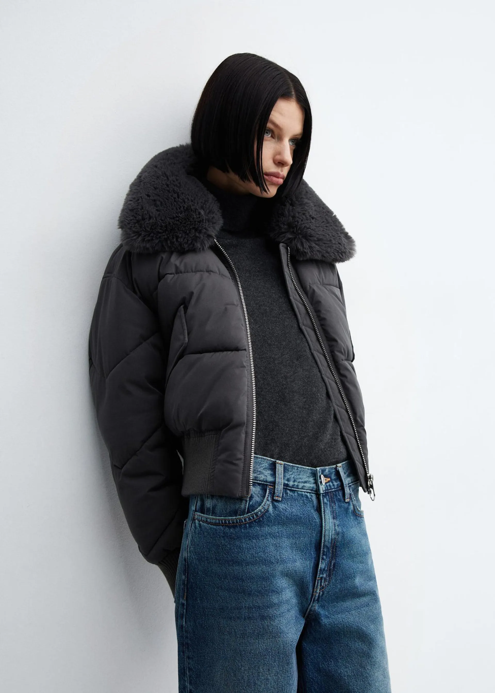 Bomber anorak with fur-effect collar