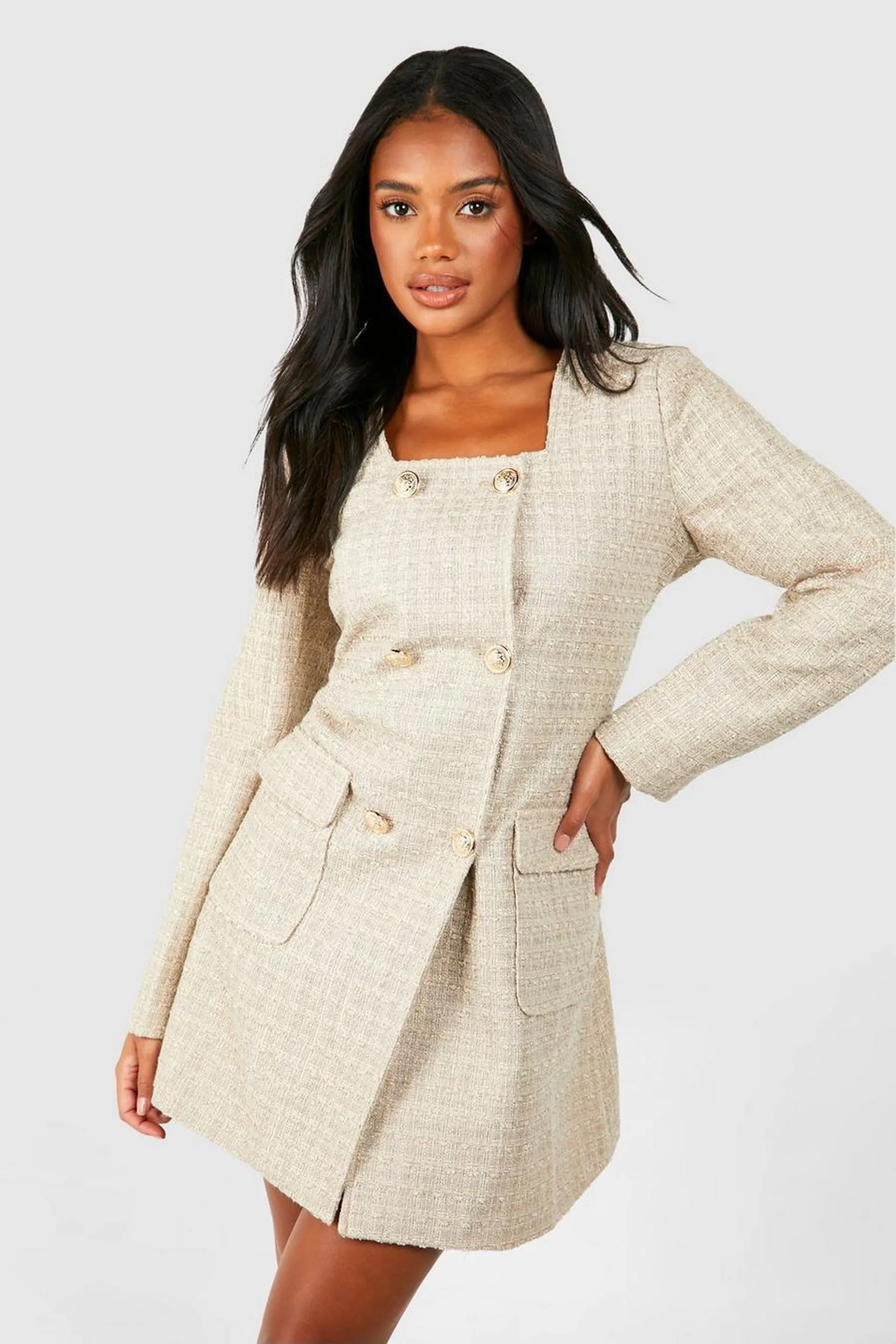 Boucle Button Detail Blazer Dress