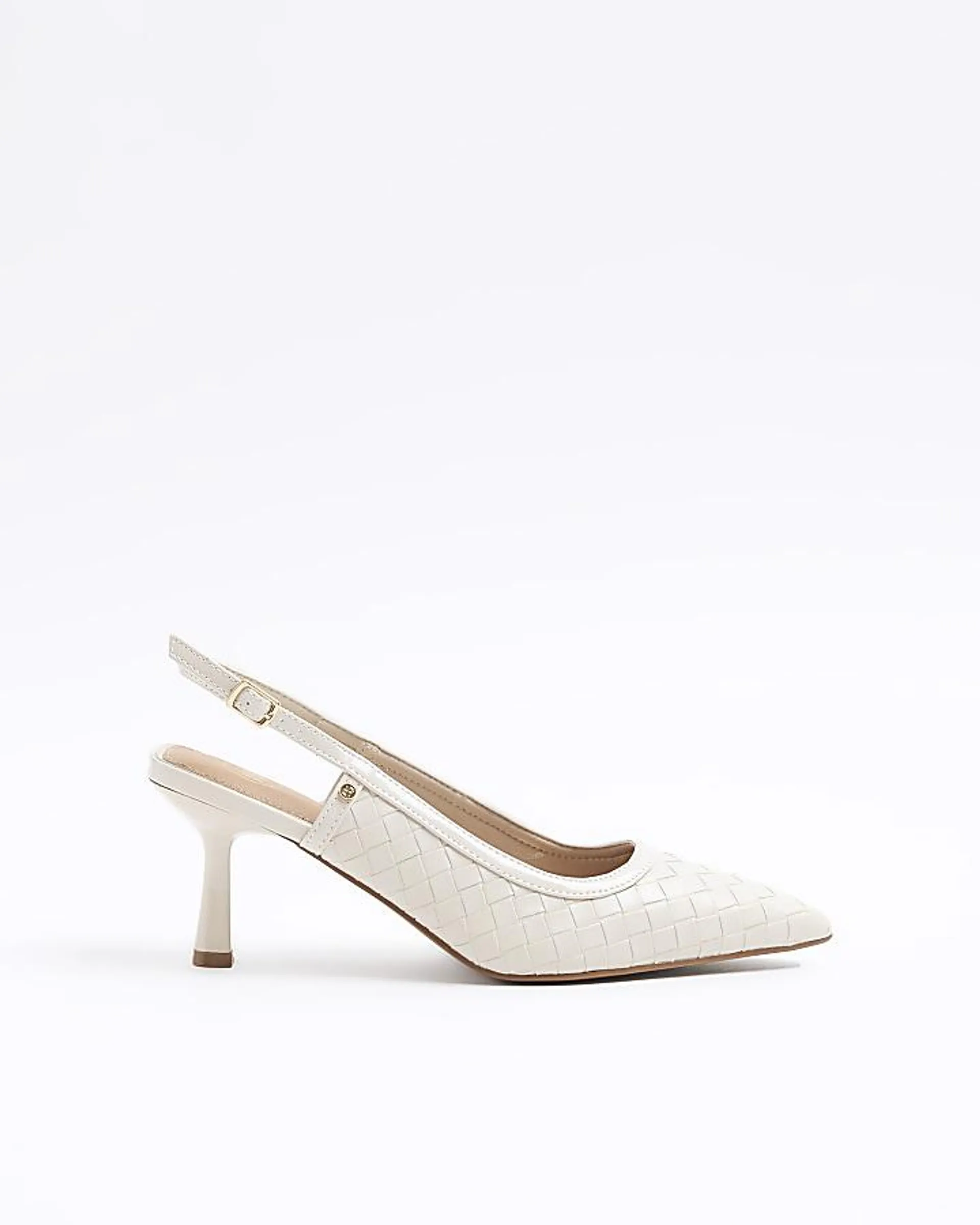 Beige weave heeled court shoes