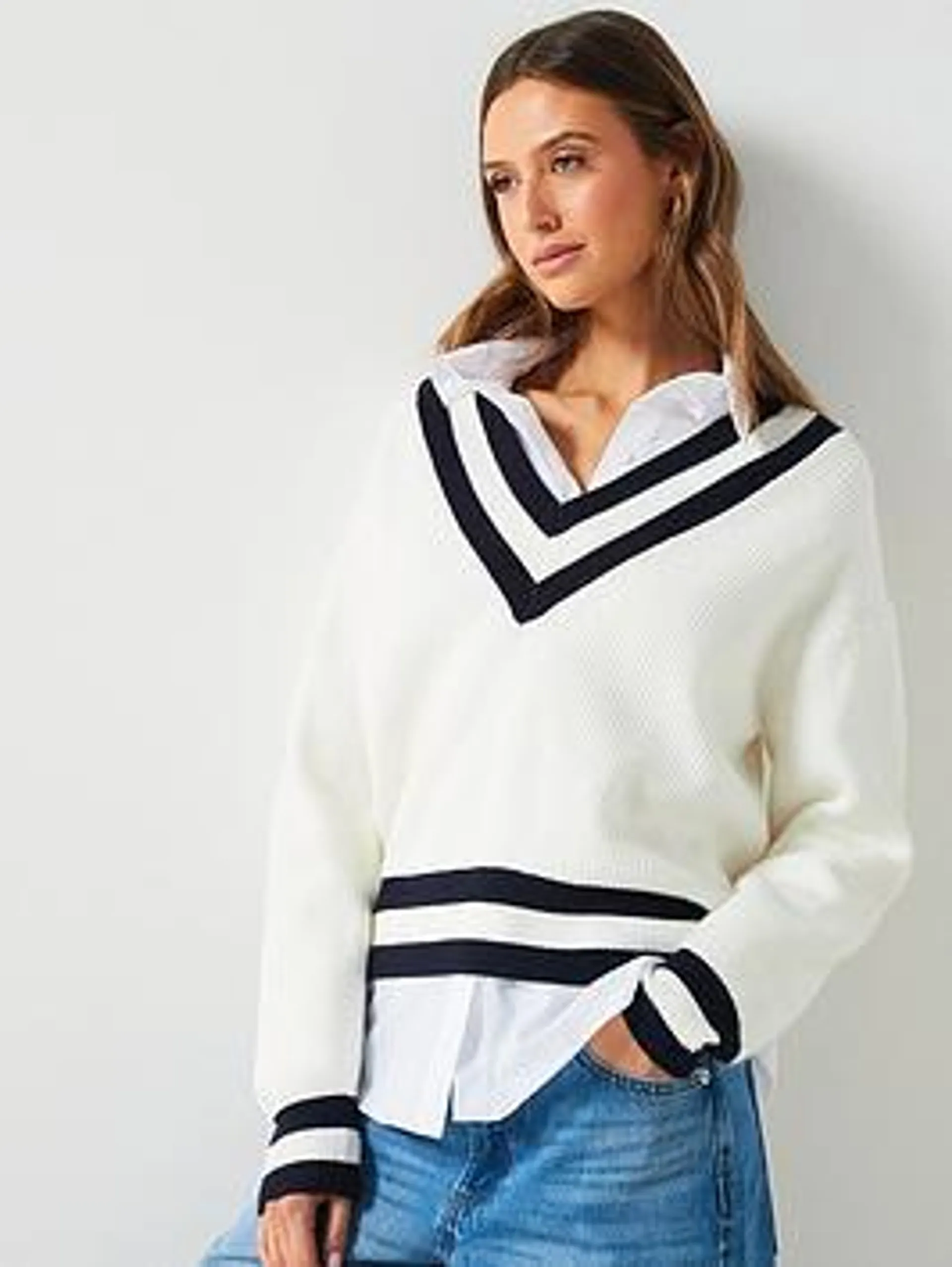 V Neck Cable Knit Contrast Sweater