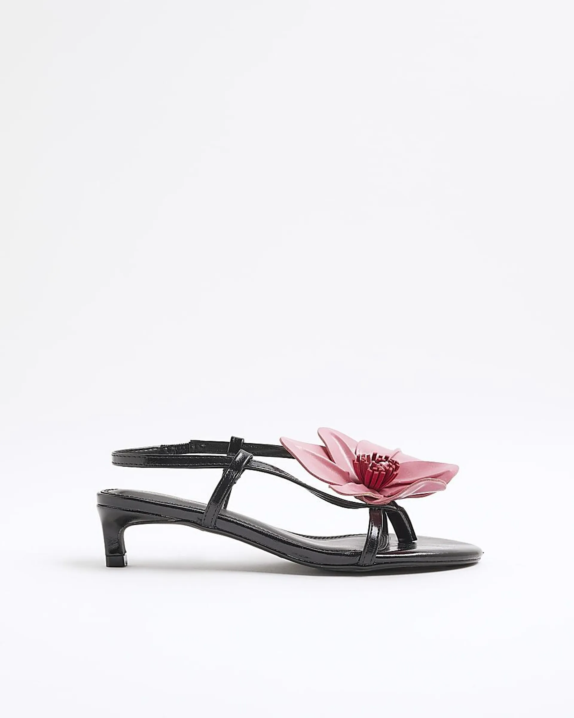 Black Kitten Heeled Flower Sandals