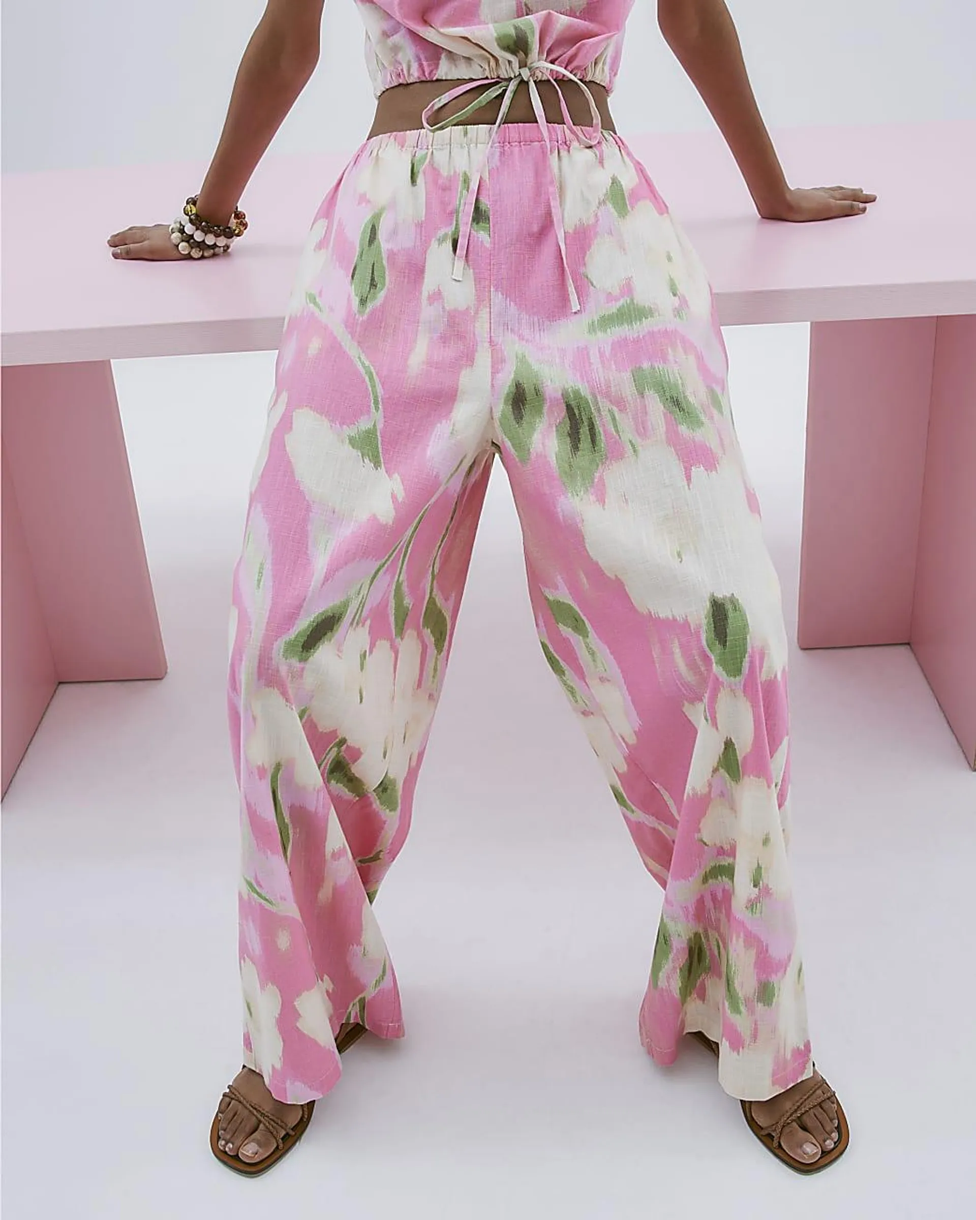 Pink Floral Linen Blend Wide Leg Trousers