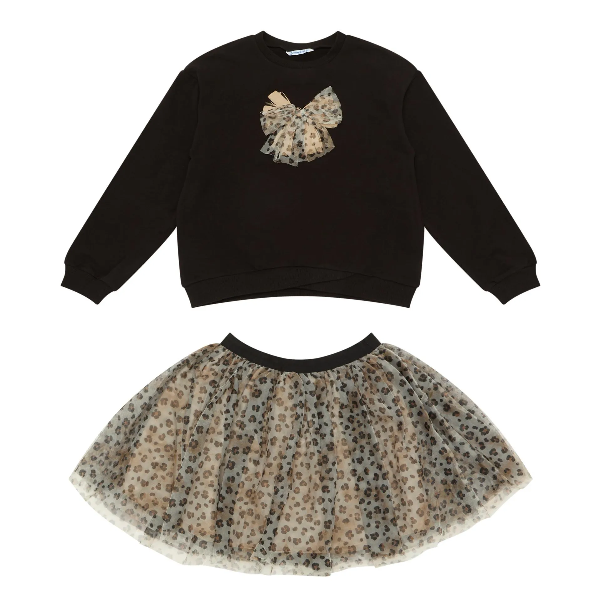 Two-Piece Bow-Detail Sweatshirt & Leopard Print Skirt Set