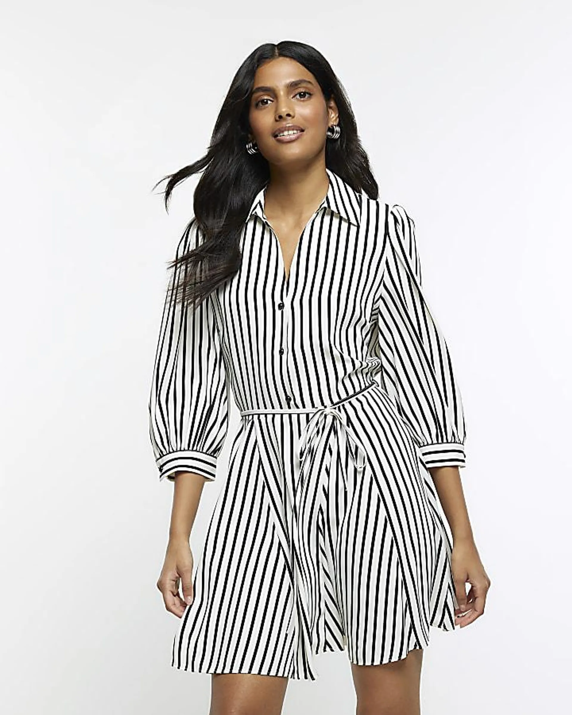 Black stripe tie waist mini shirt dress