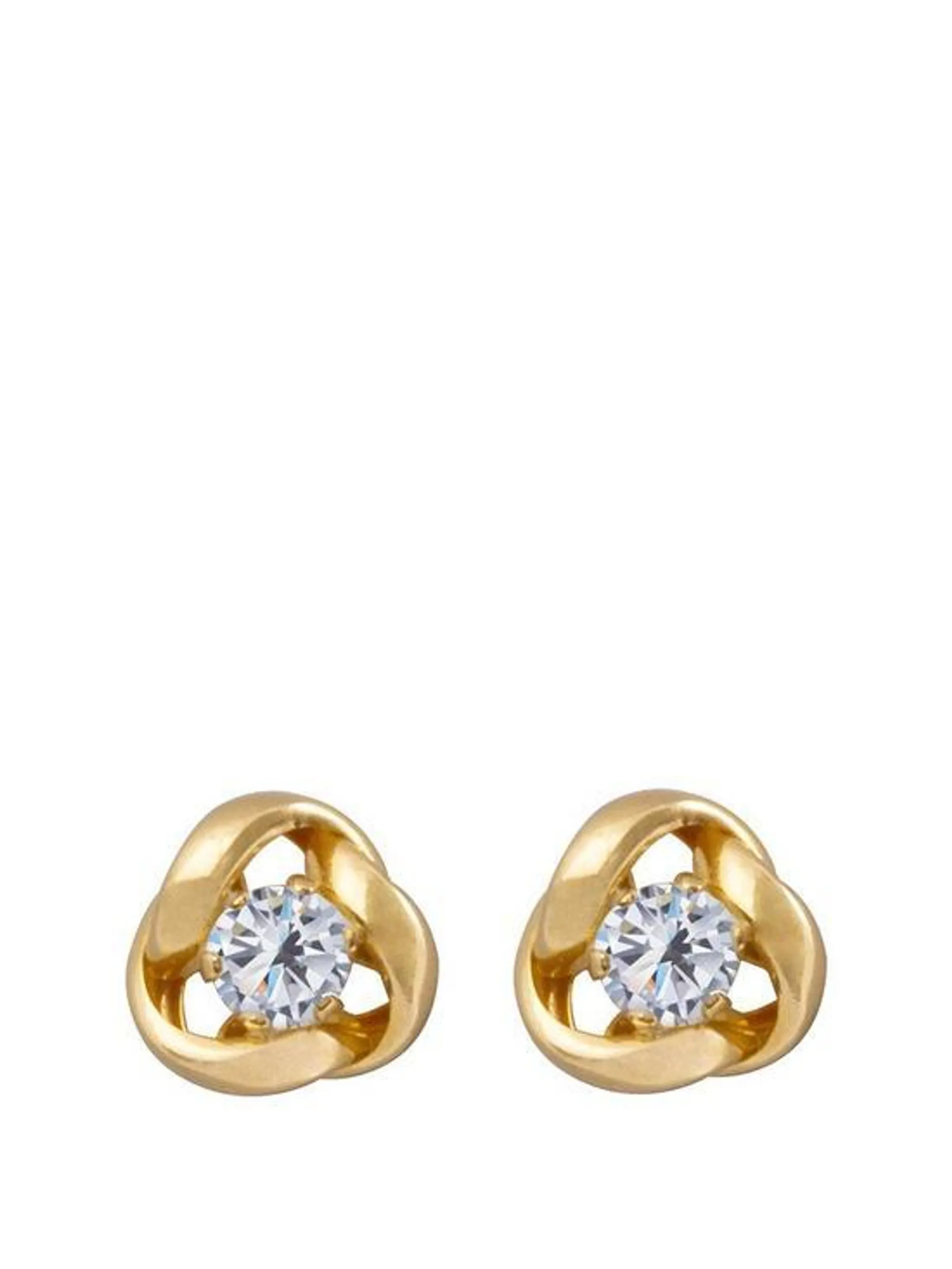 9ct Gold 6.5mm three-way knot studs with 3mm Cubic Zirconia