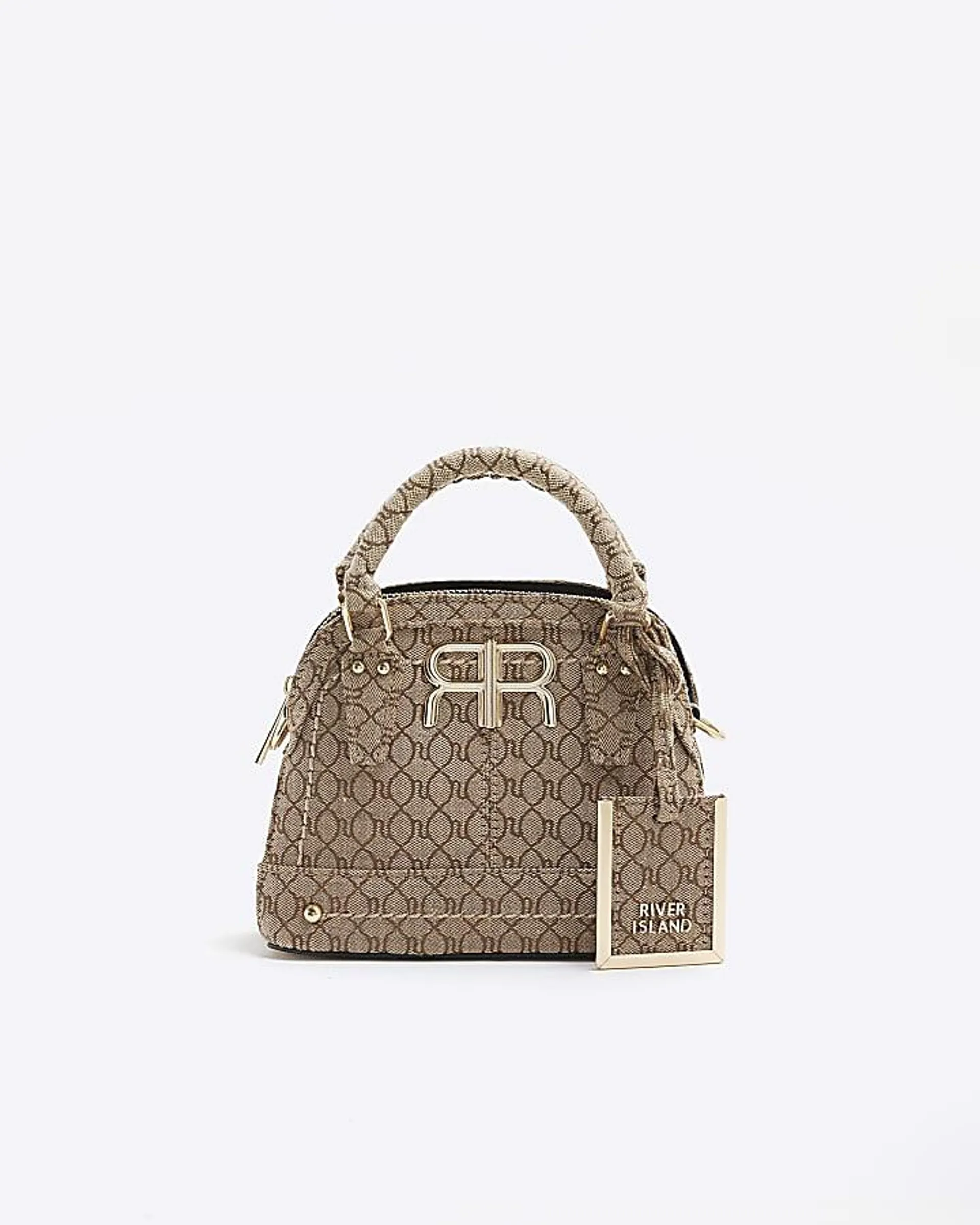 Beige jacquard RI monogram mini tote bag