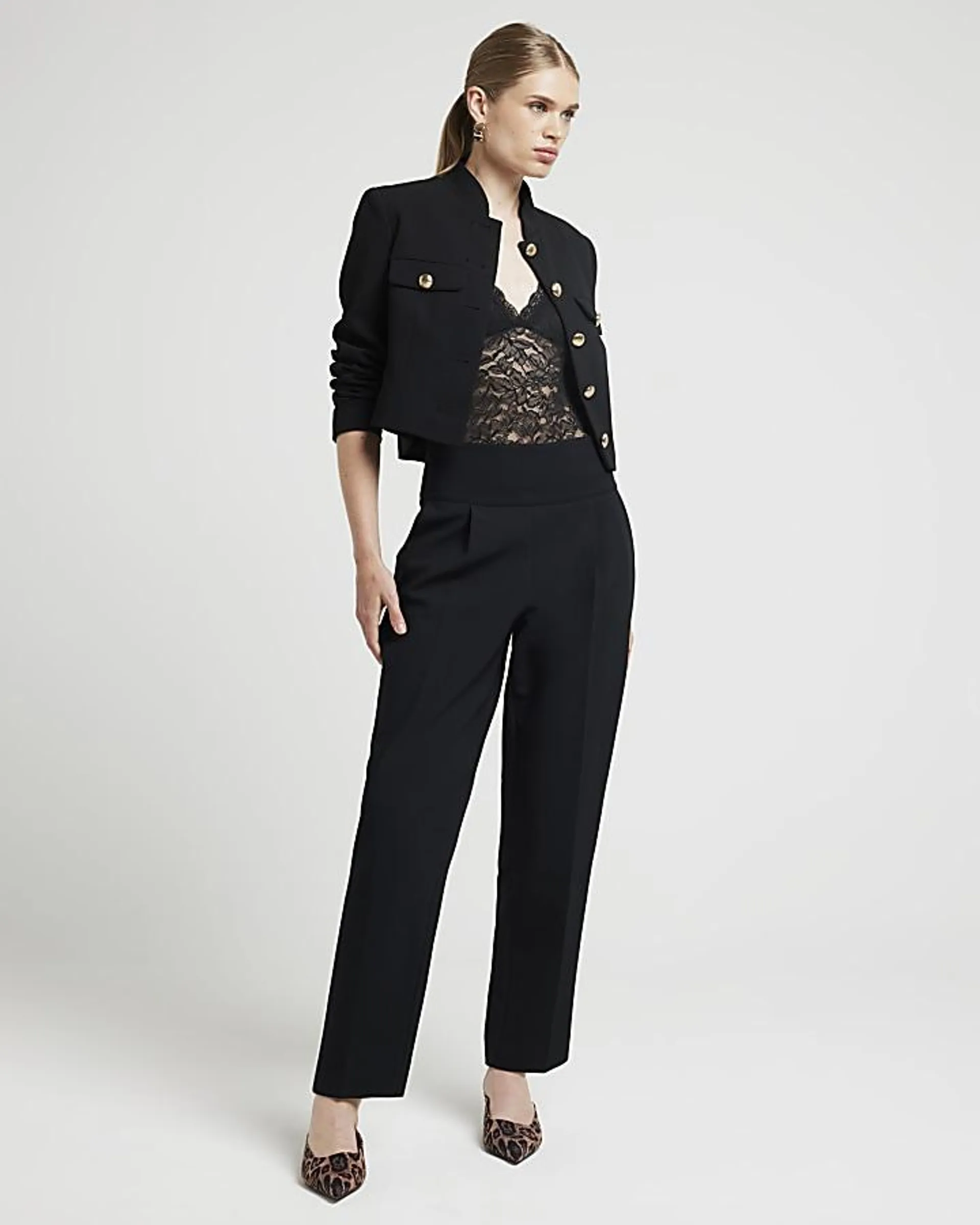 Black high waisted straight leg trousers