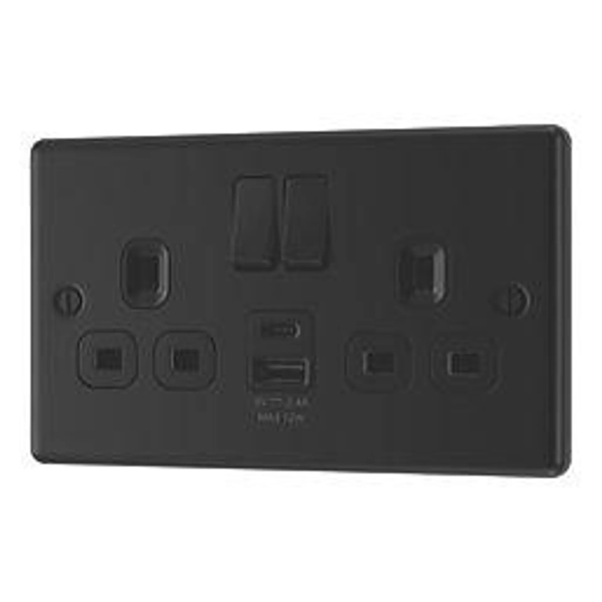 LAP 13A 2-Gang SP Switched Socket + 2.4A 12W 2-Outlet Type A & C USB Charger Matt Black with Colour-Matched Inserts