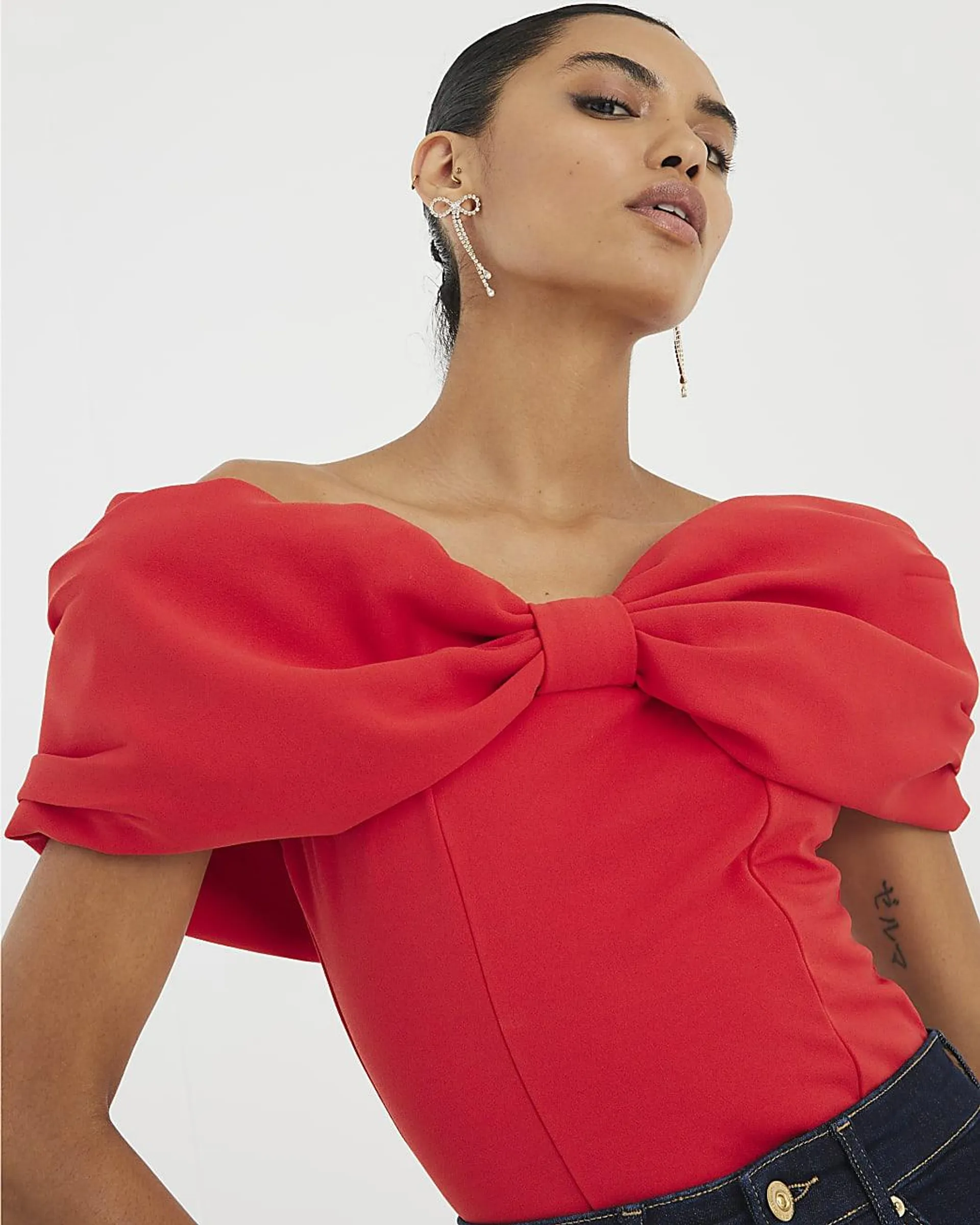 Red 3D Bow Bardot Top