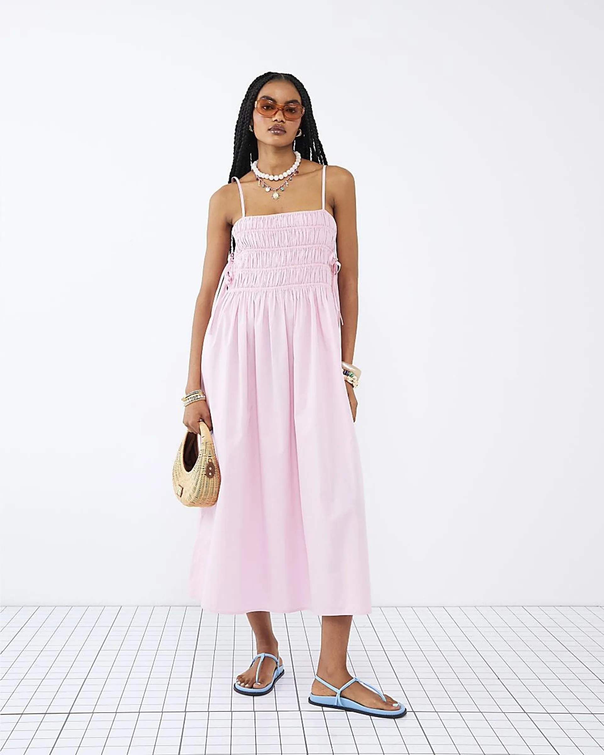 Pink Strappy Shirred Midi Dress