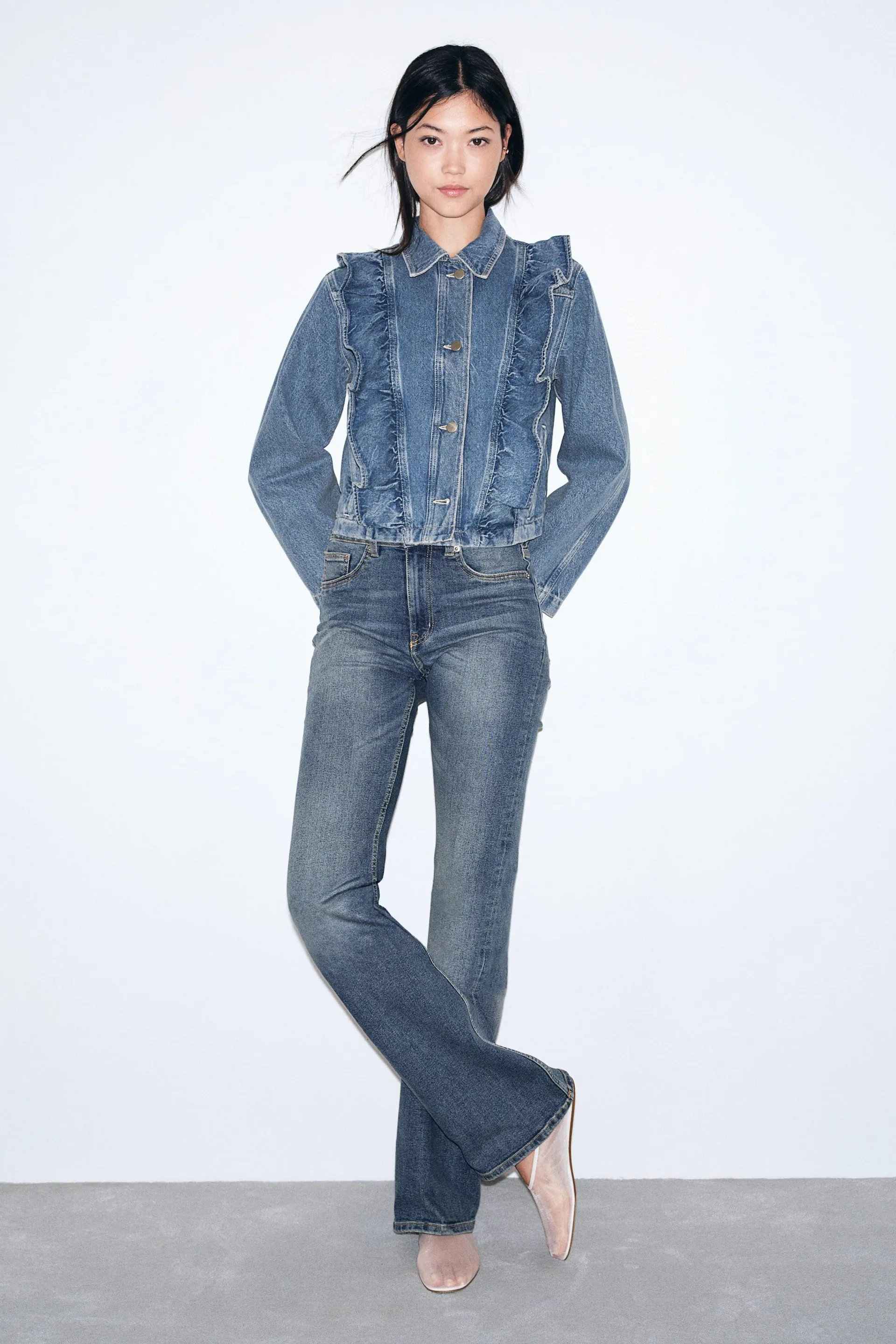 Frill-trimmed denim jacket