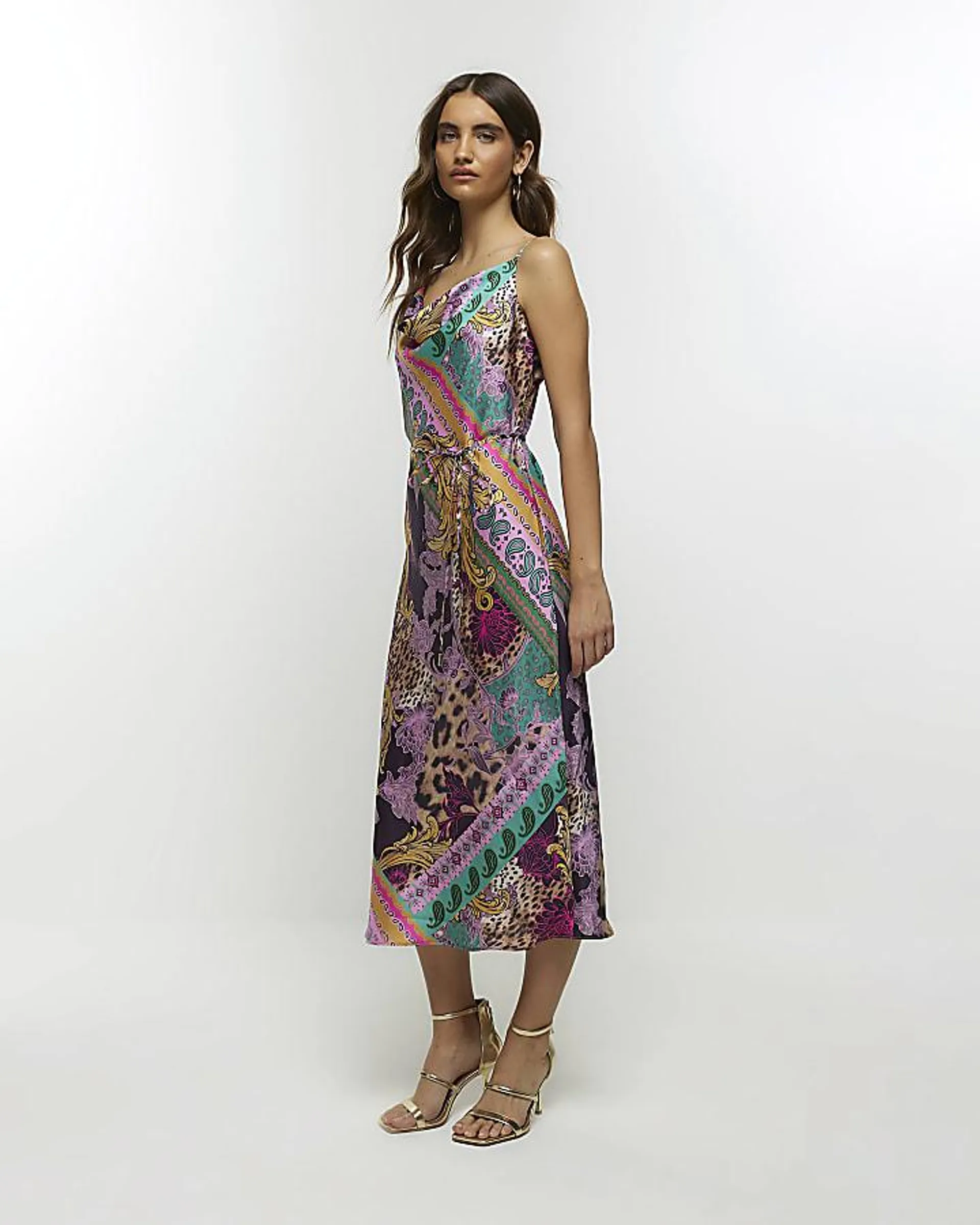 Purple paisley cowl neck slip midi dress