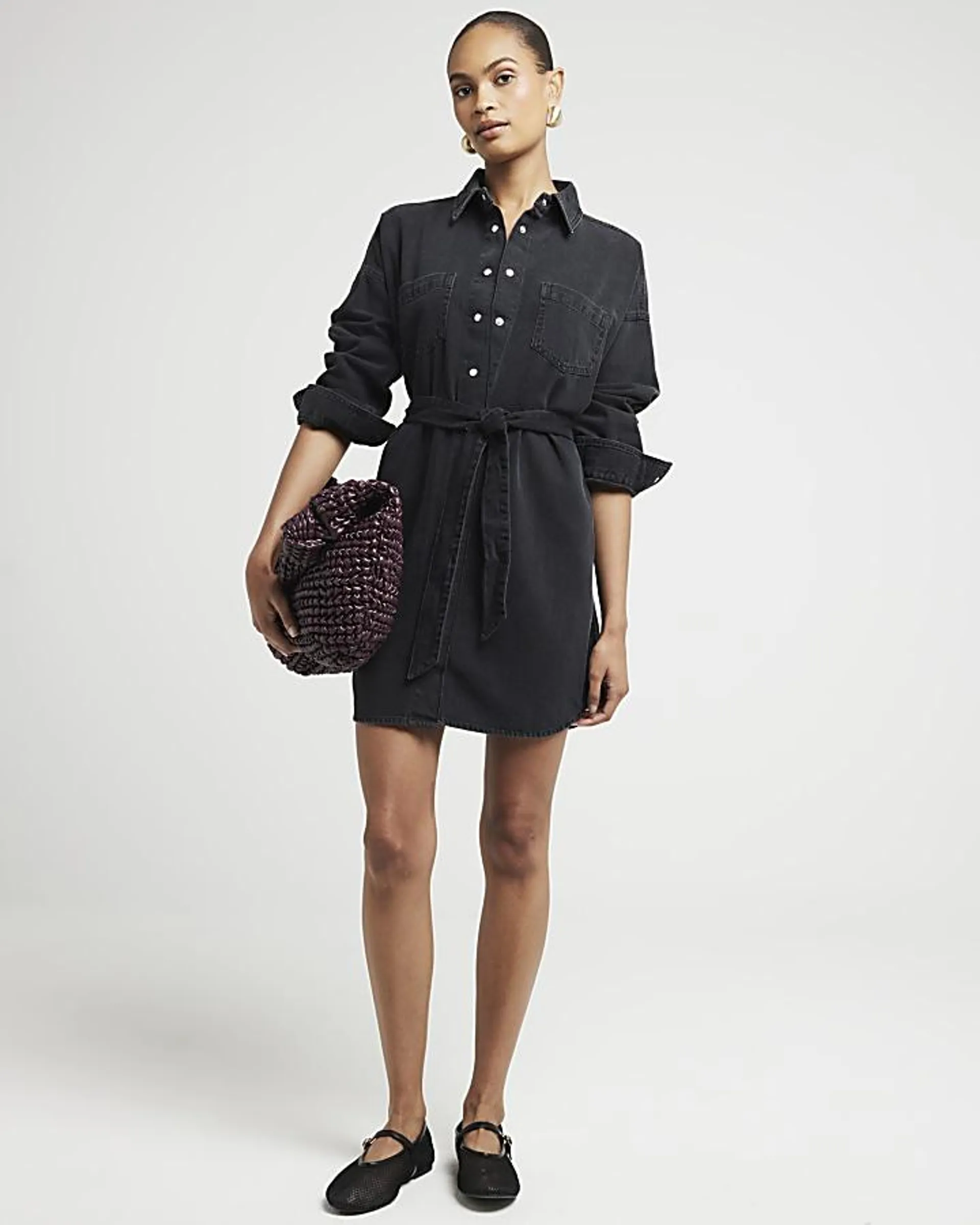 Black belted denim mini shirt dress