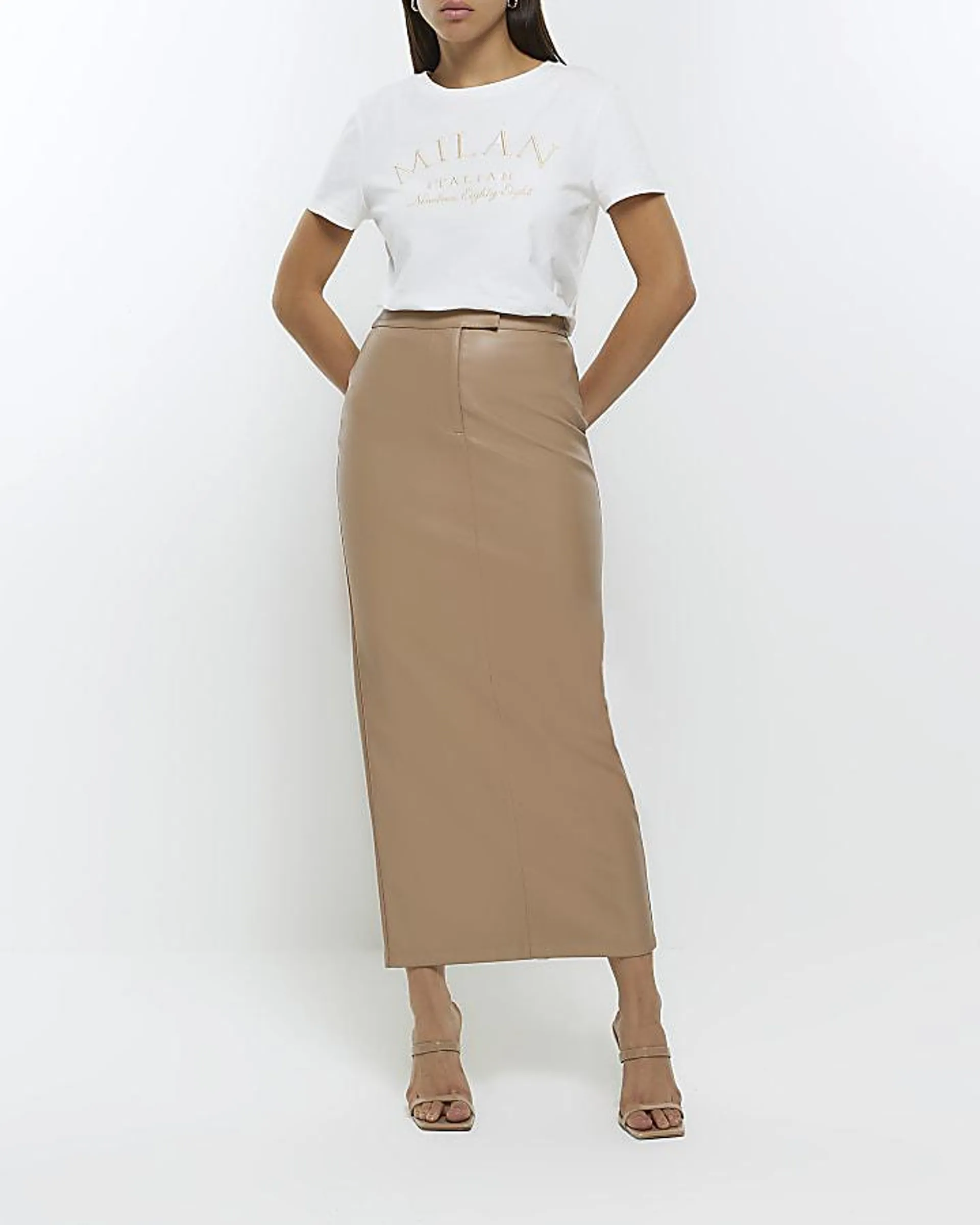 Brown faux leather midi skirt