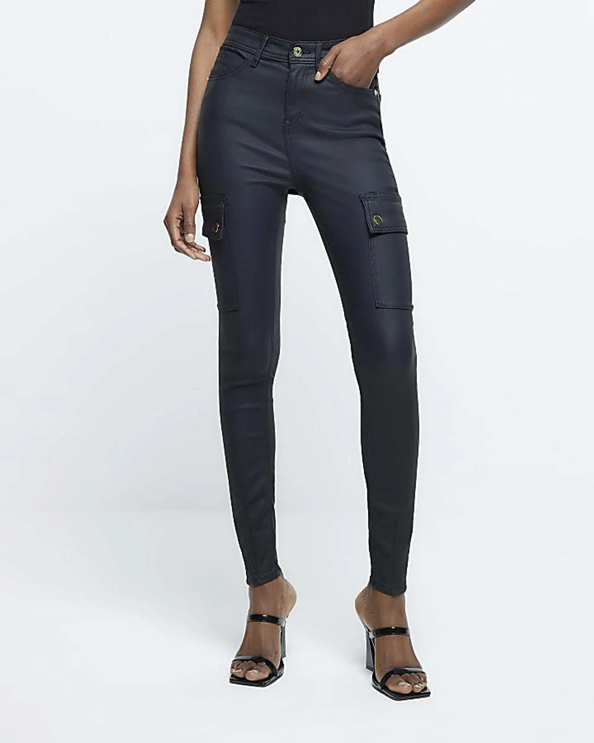 Black high waisted coated cargo skinny jeans