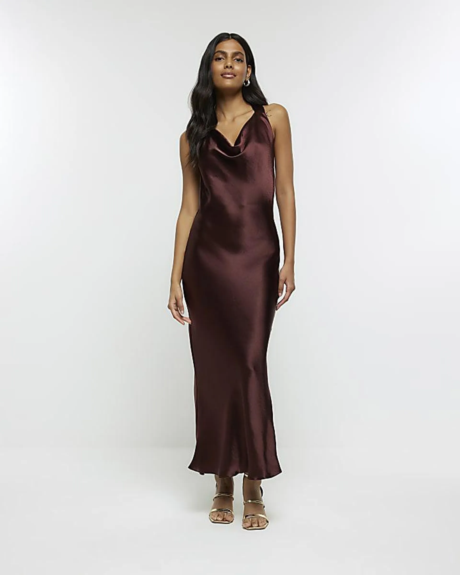 Brown satin halter neck midi dress