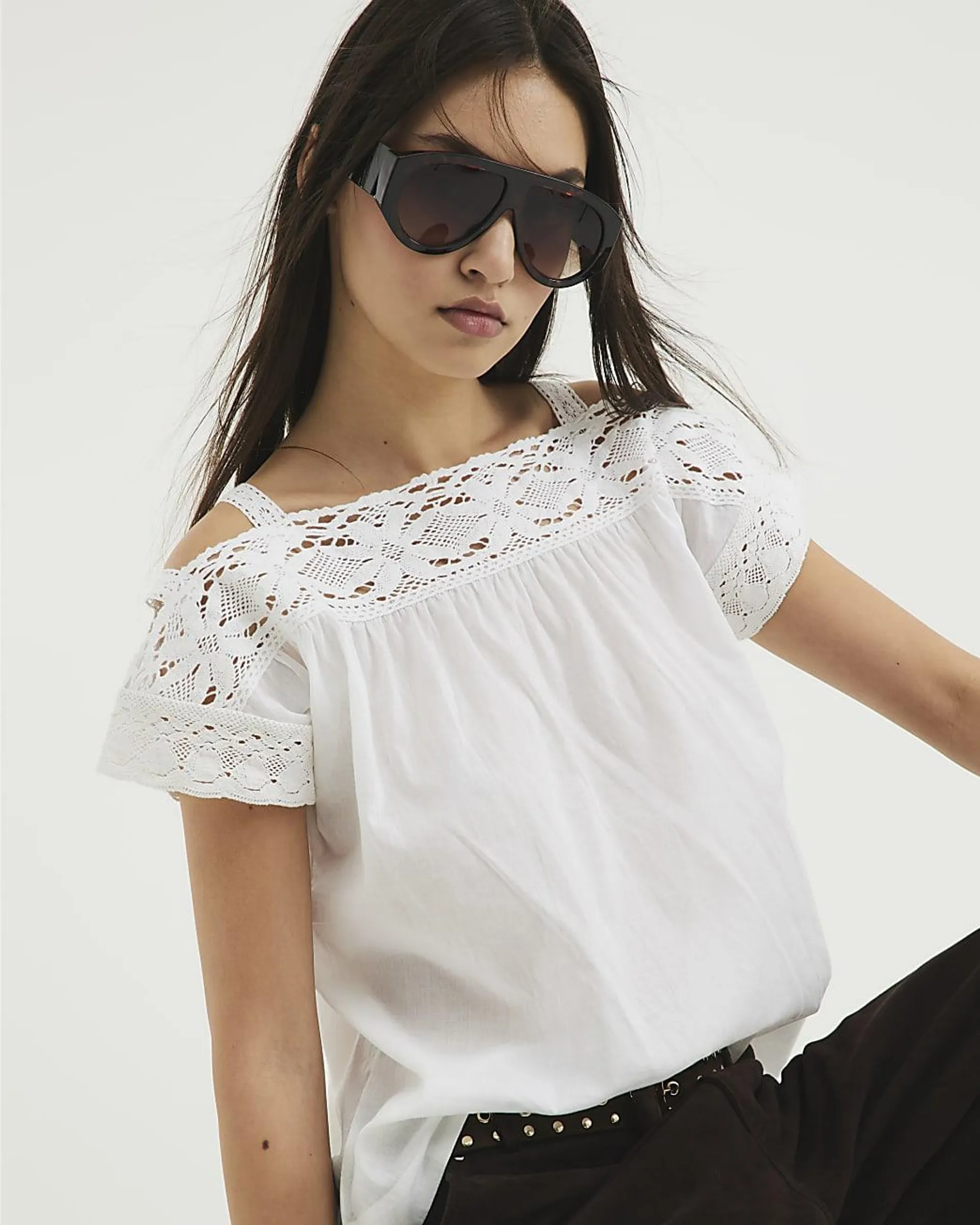 White Lace Mix Short Sleeve Blouse