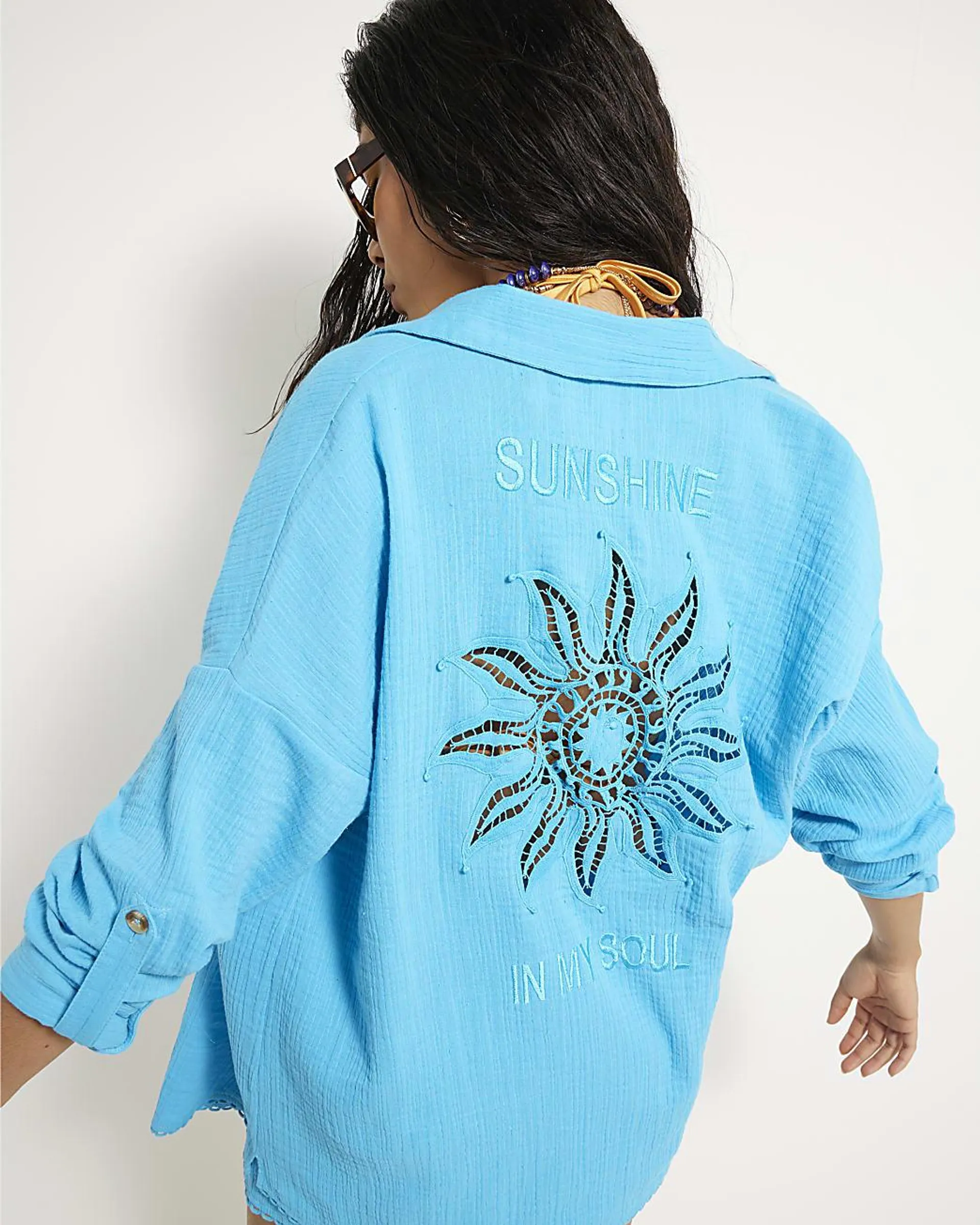 Blue Sun Embroidered Oversized Beach Shirt