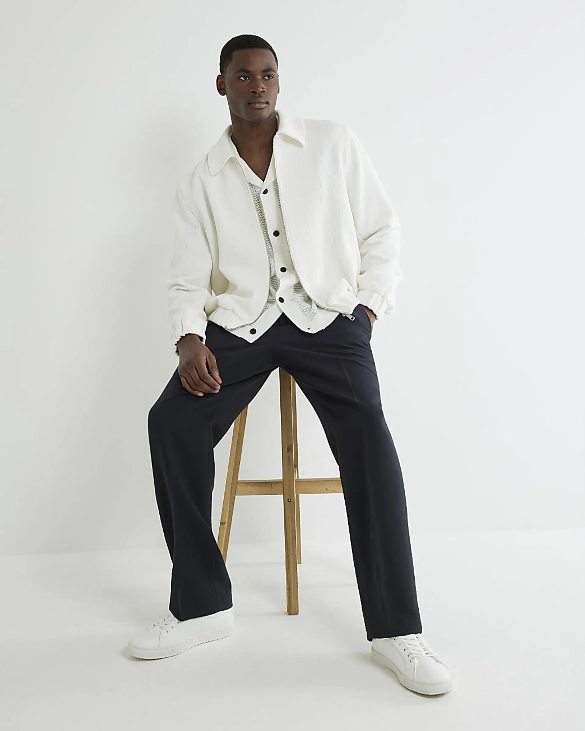 Ecru Slim Fit Waffle Harrington Jacket