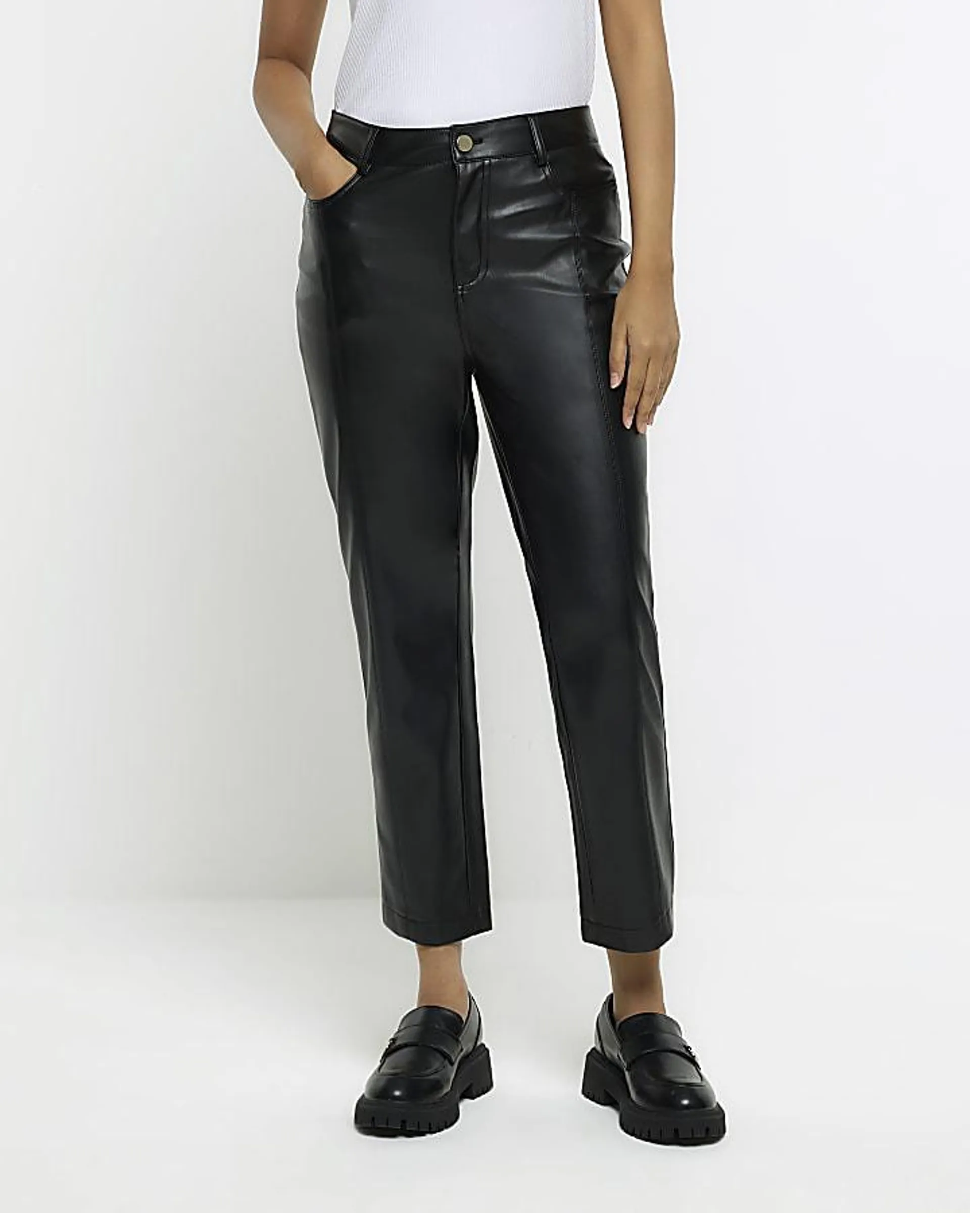 Black faux leather straight crop trousers