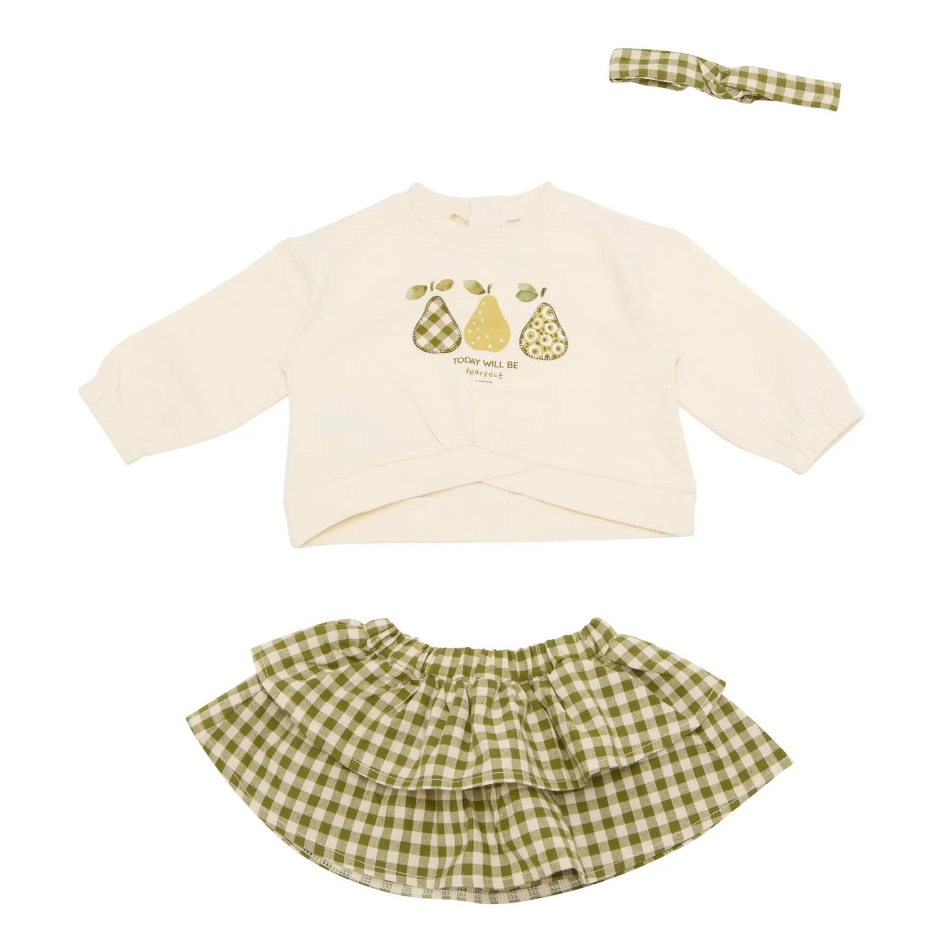 Gingham Skirt, Pear Sweatshirt & Bow Three-Piece Set