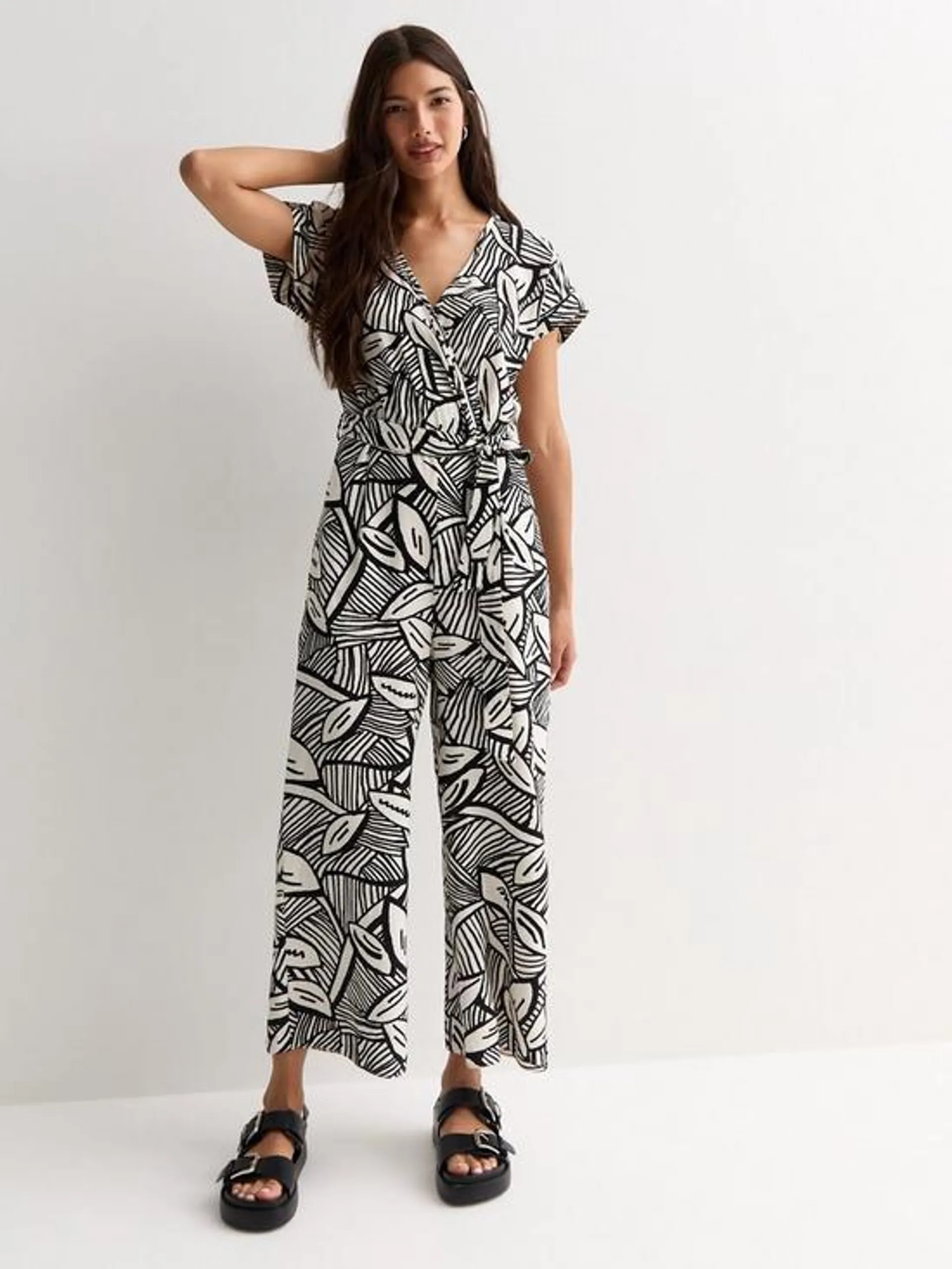 Off White Leaf Print Wrap Jumpsuit