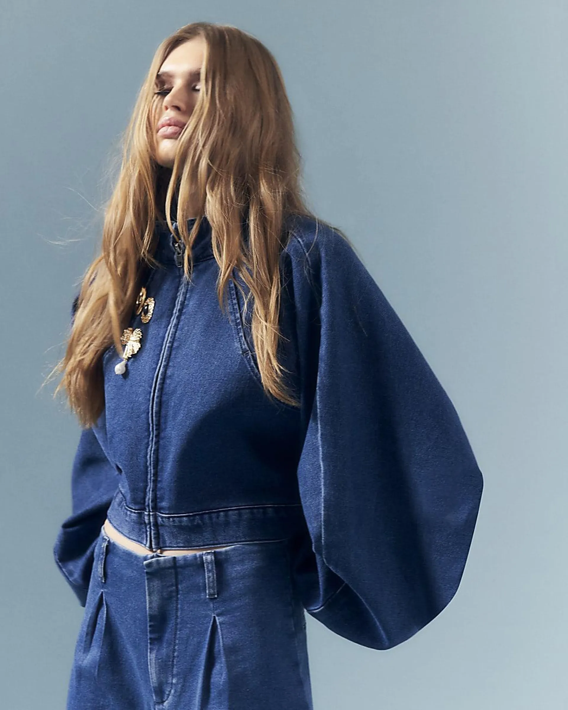 Blue Denim Zip Batwing Jacket