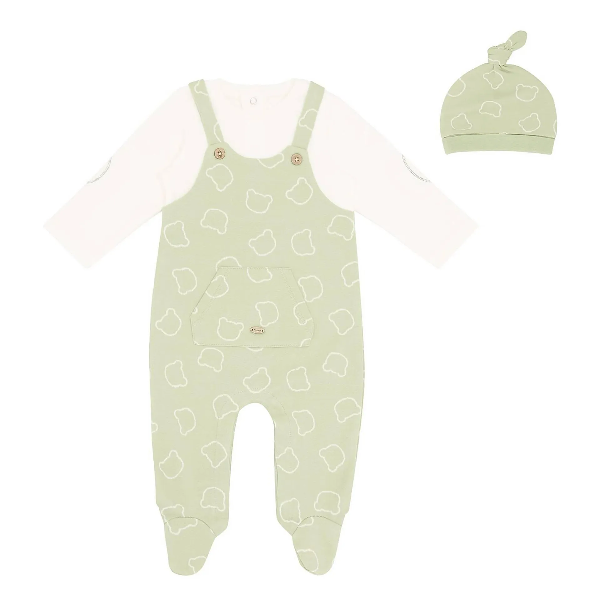 Two-Piece Bear Dungaree Babygrow and Hat Set