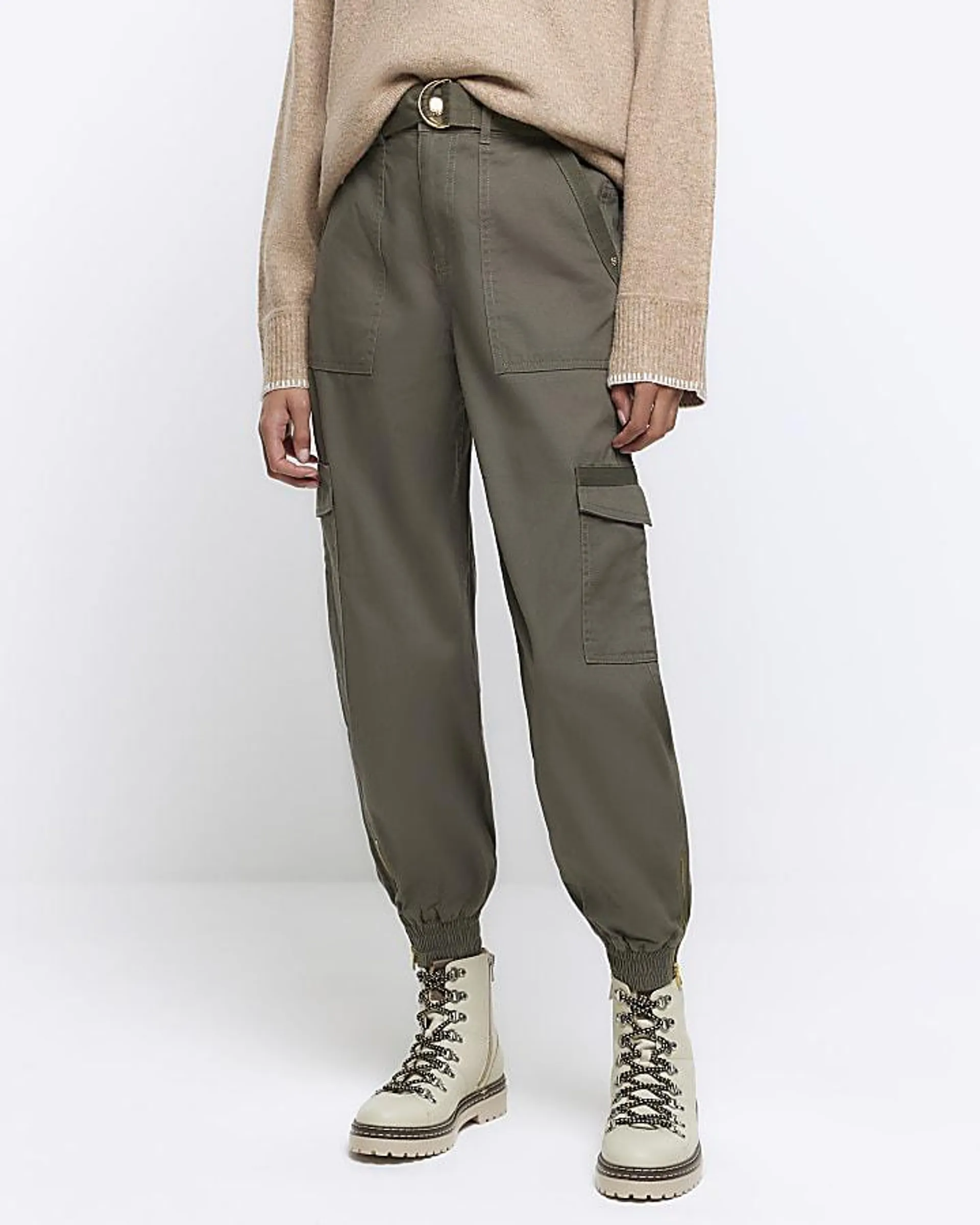Khaki belted utility cargo trousers