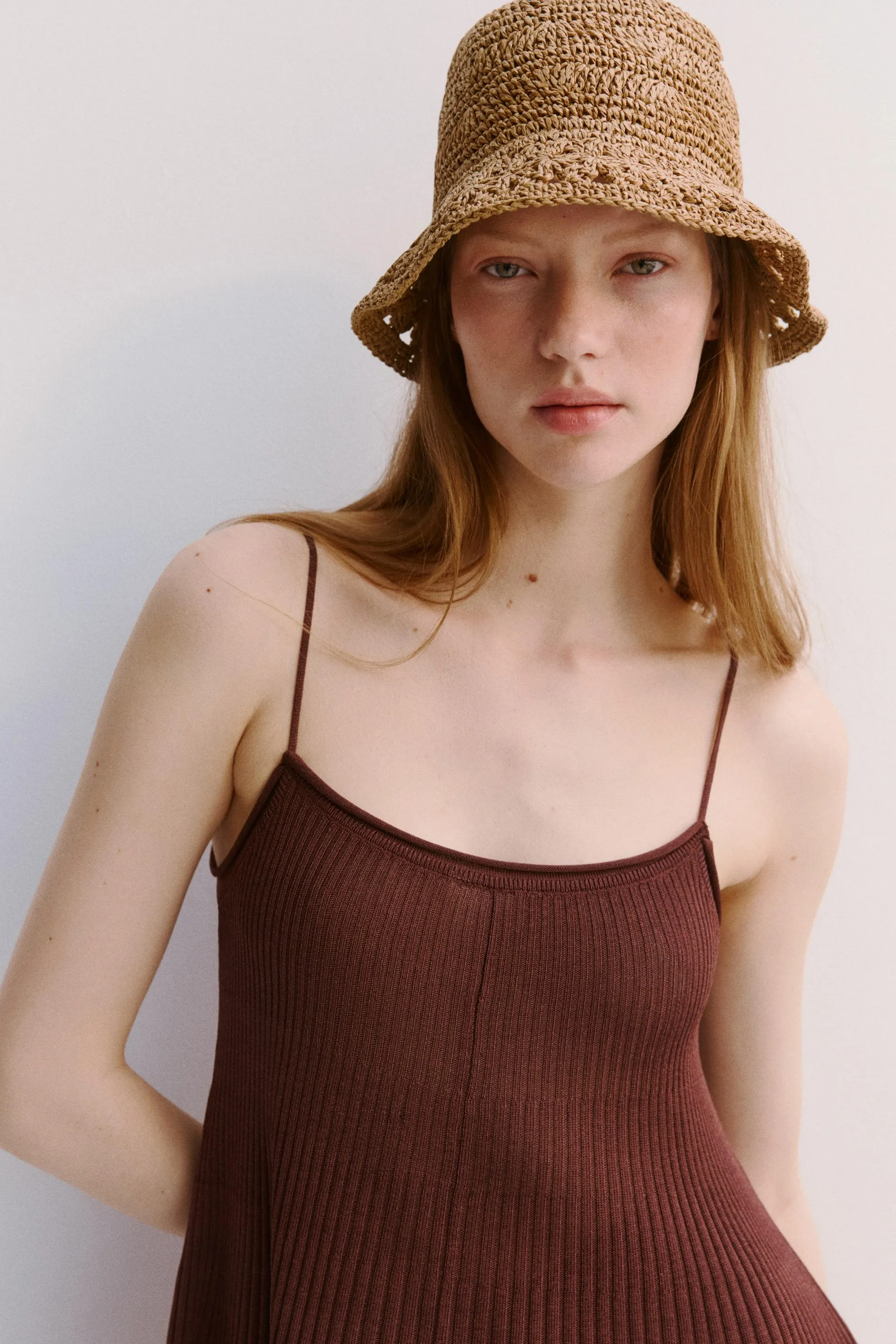 Crocheted straw bucket hat