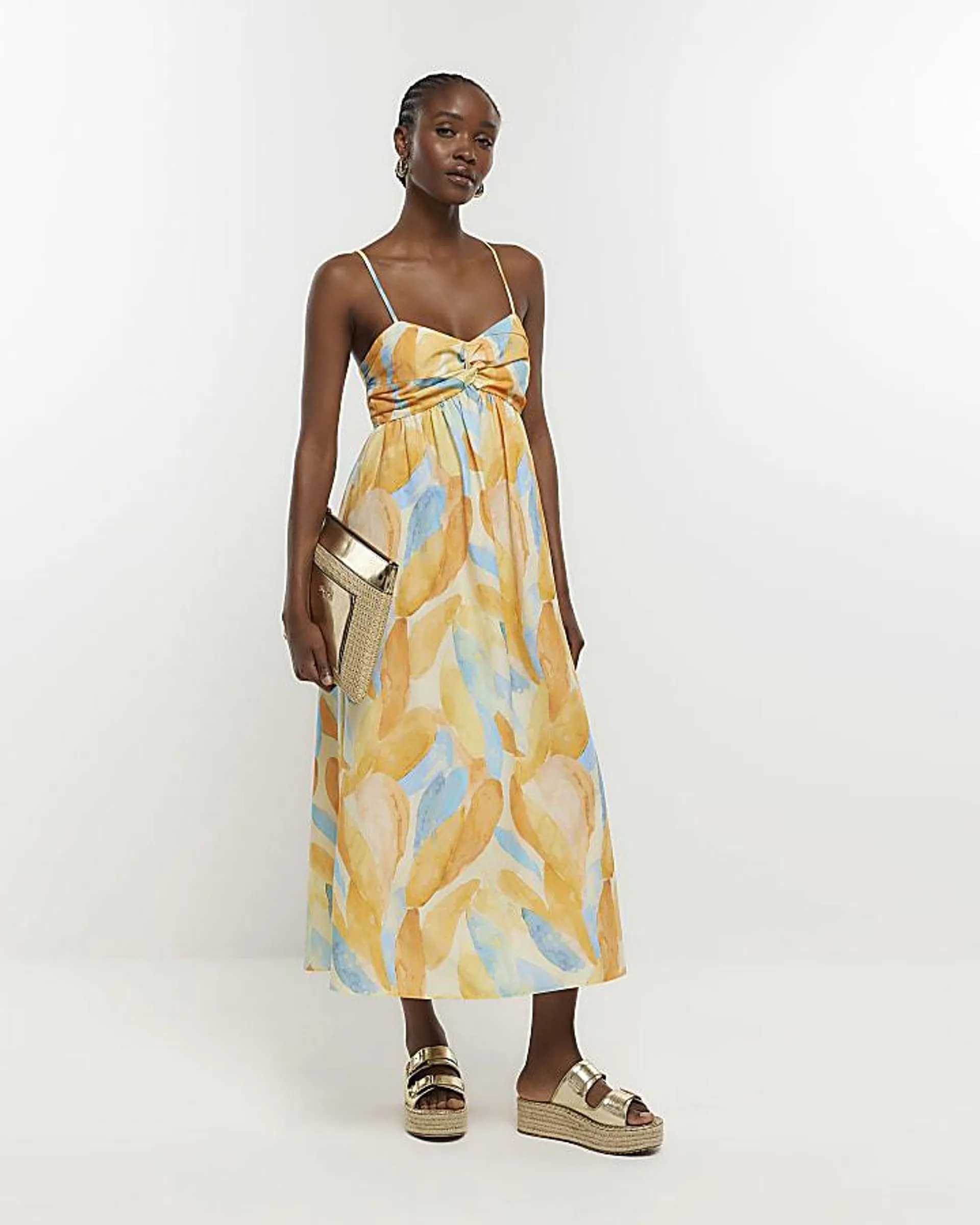 Orange print sleeveless midi dress