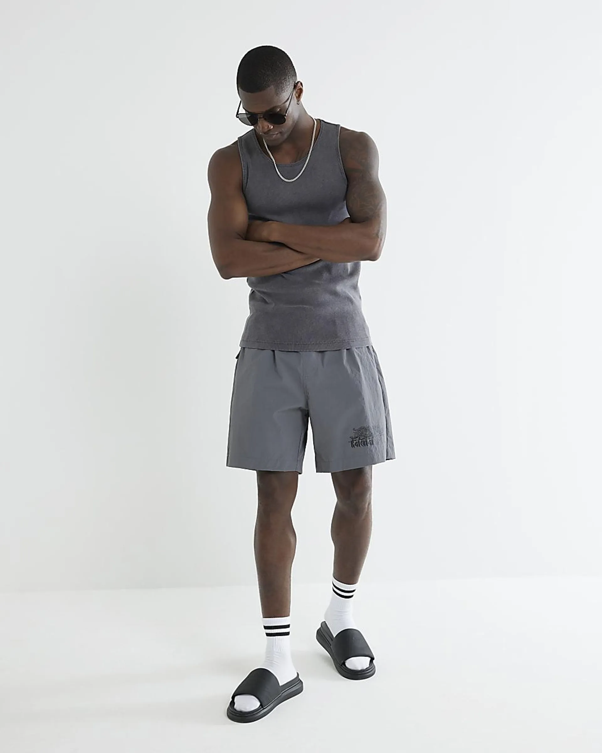 Grey Dragon Print Swim Shorts