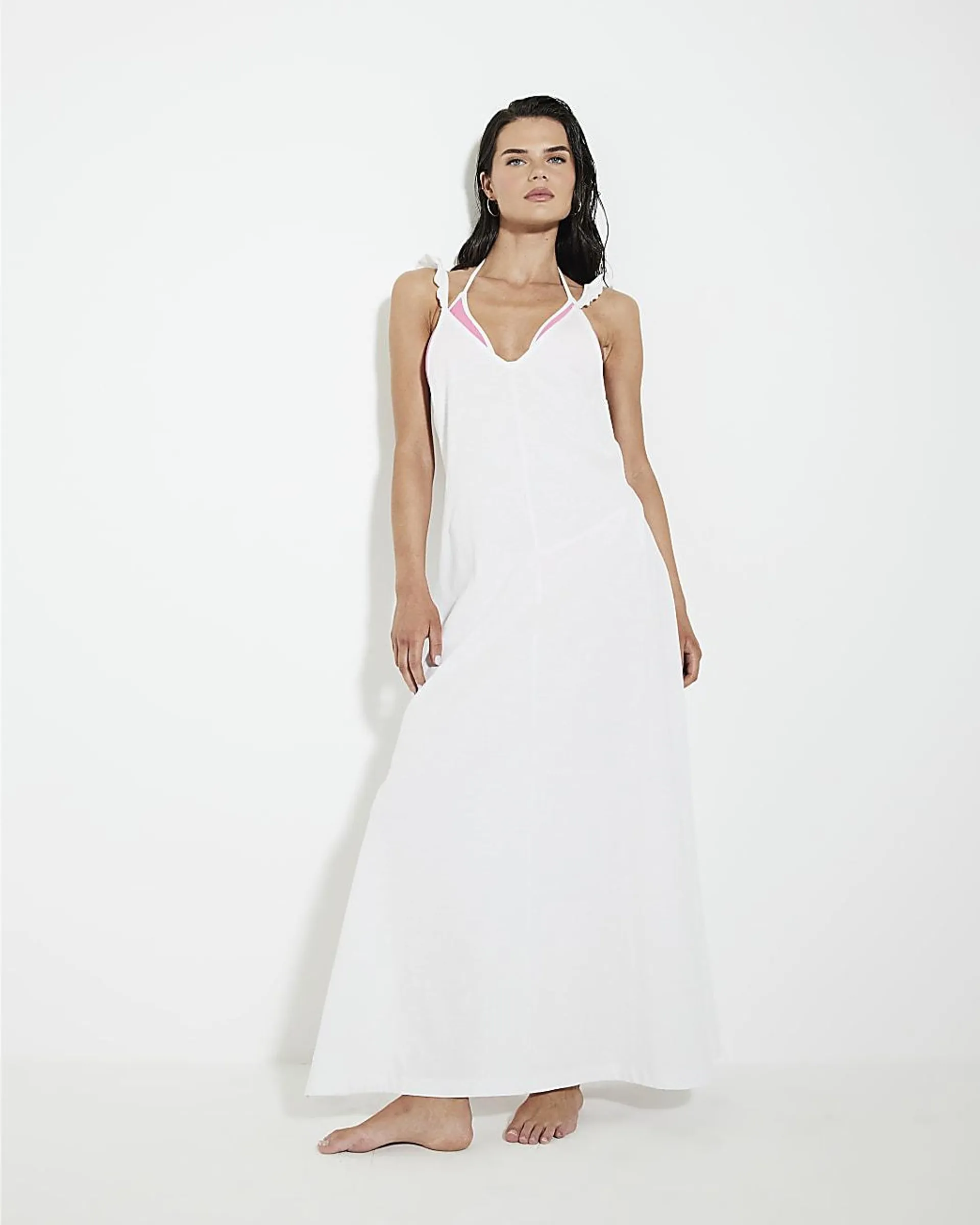 White Frill Strap Jersey Maxi Dress