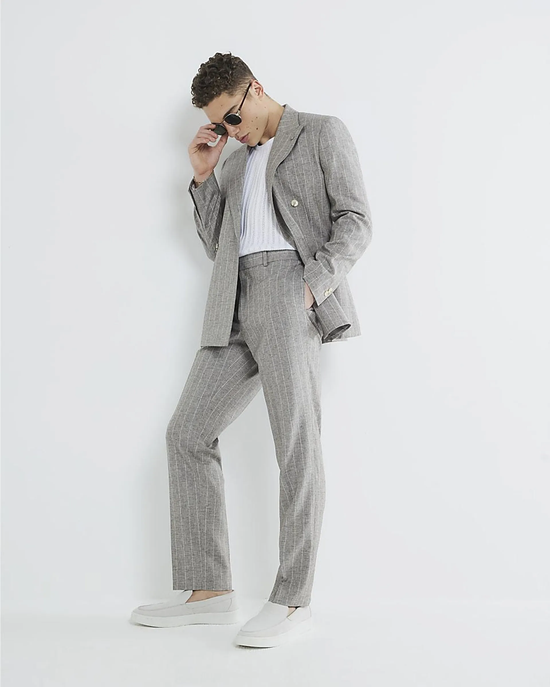 Grey Stripe Linen Blend Suit Trousers