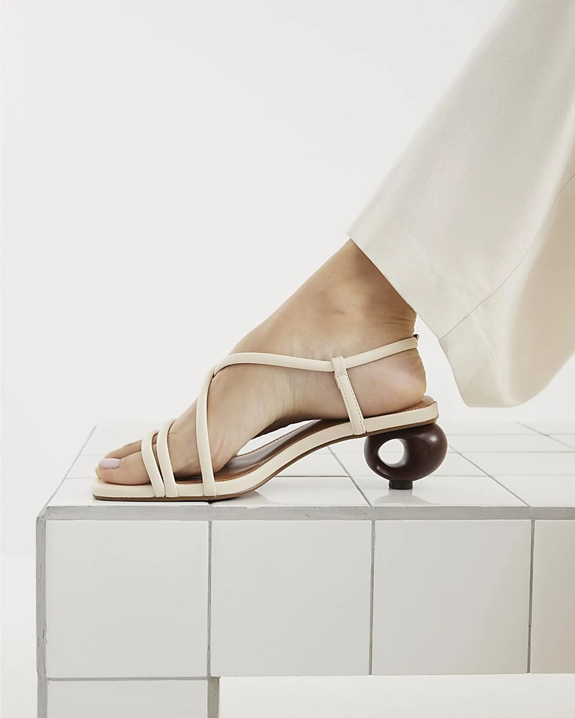 Cream Wooden Ring Heel Sandals