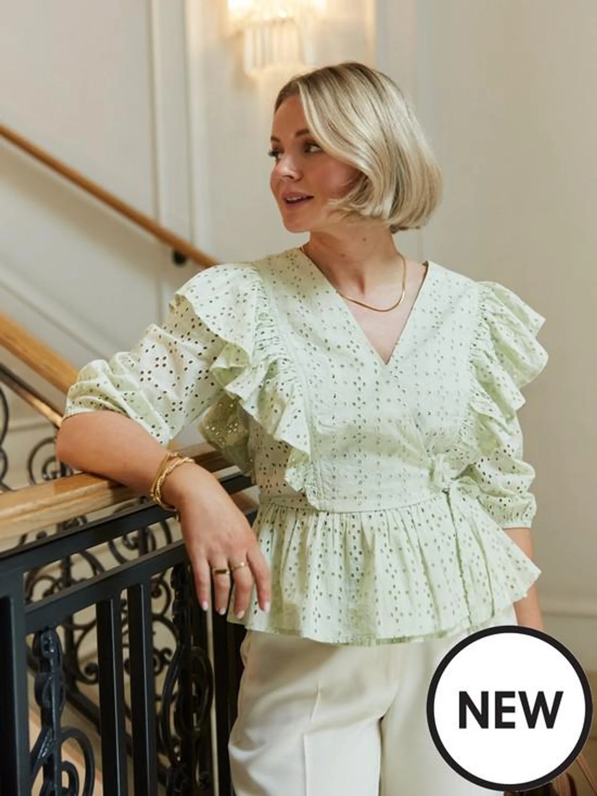 V by Very X Laura Byrnes Broderie Wrap Blouse - Light Green