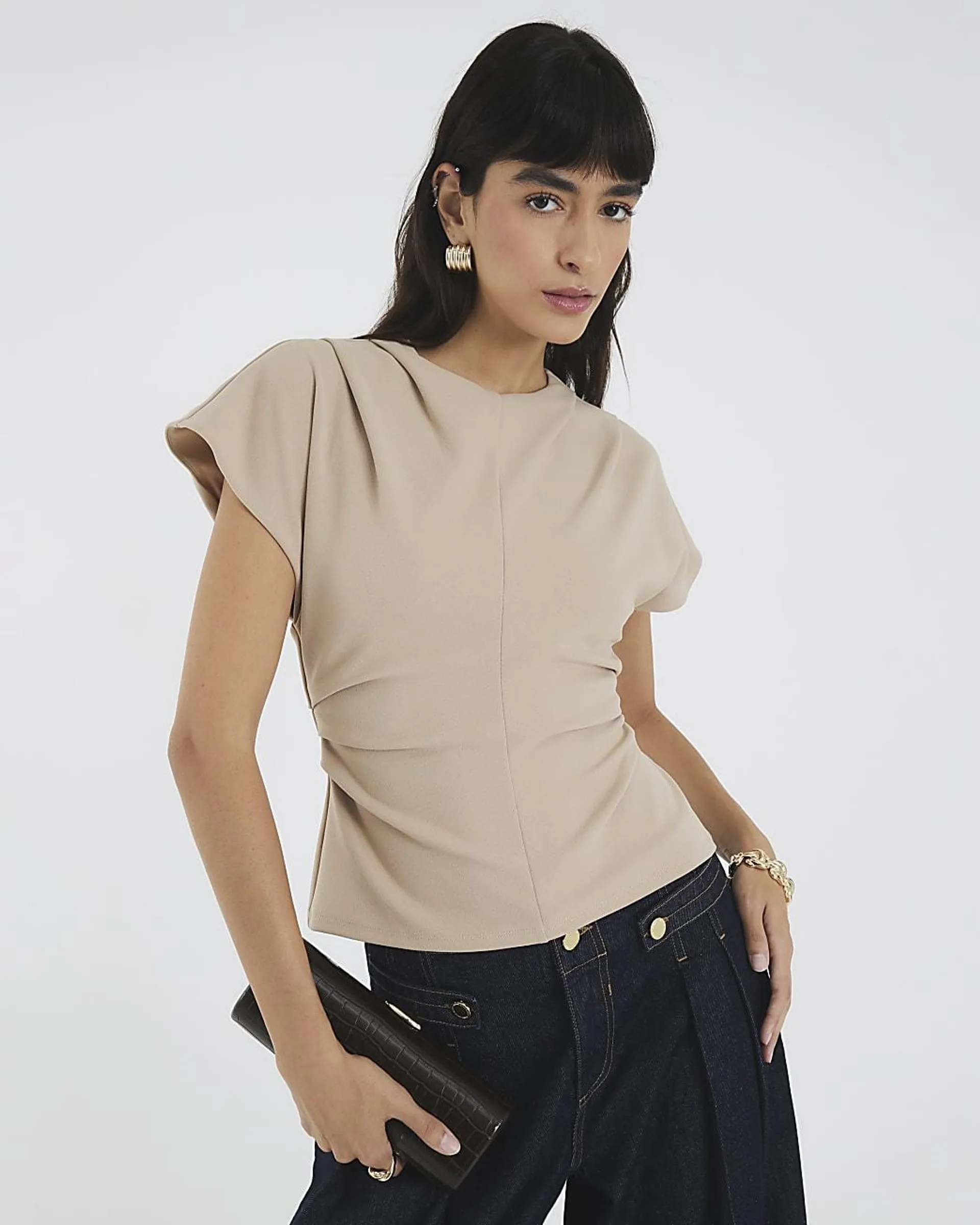 Beige Short Sleeve Ruched Top