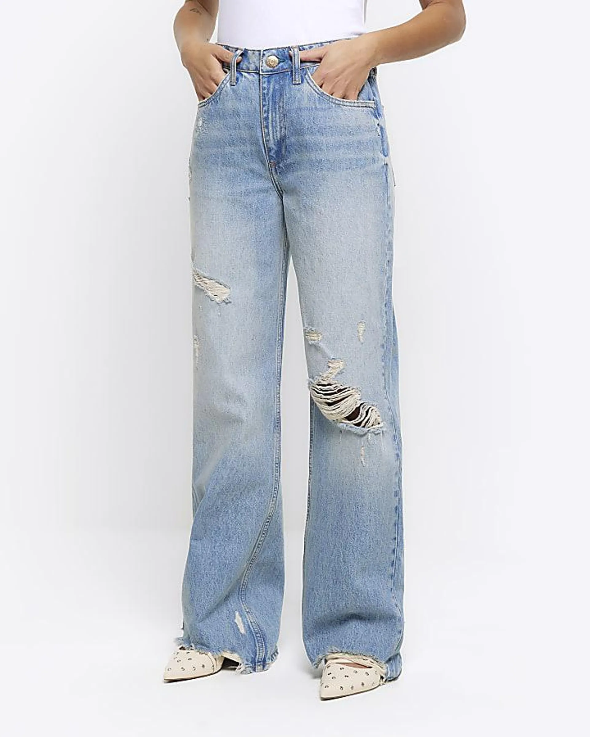 Blue mid rise ripped wide leg jeans