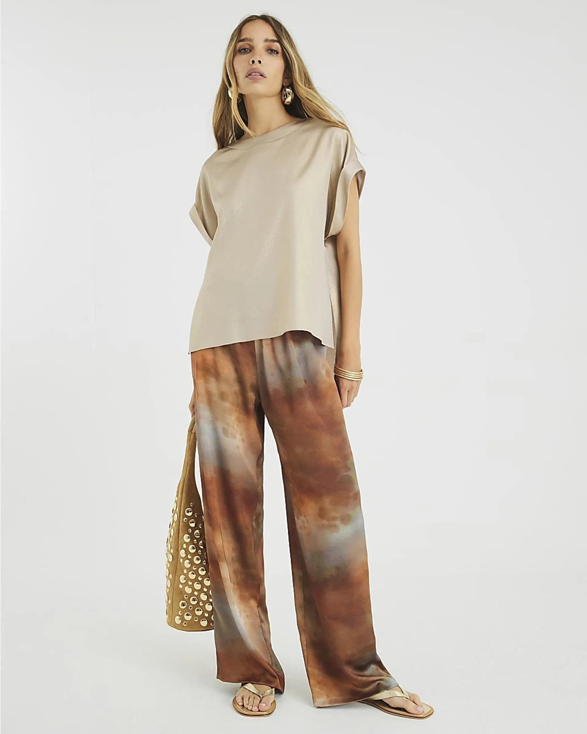 Gold Satin Short Sleeve Turn Up Cuff T-shirt
