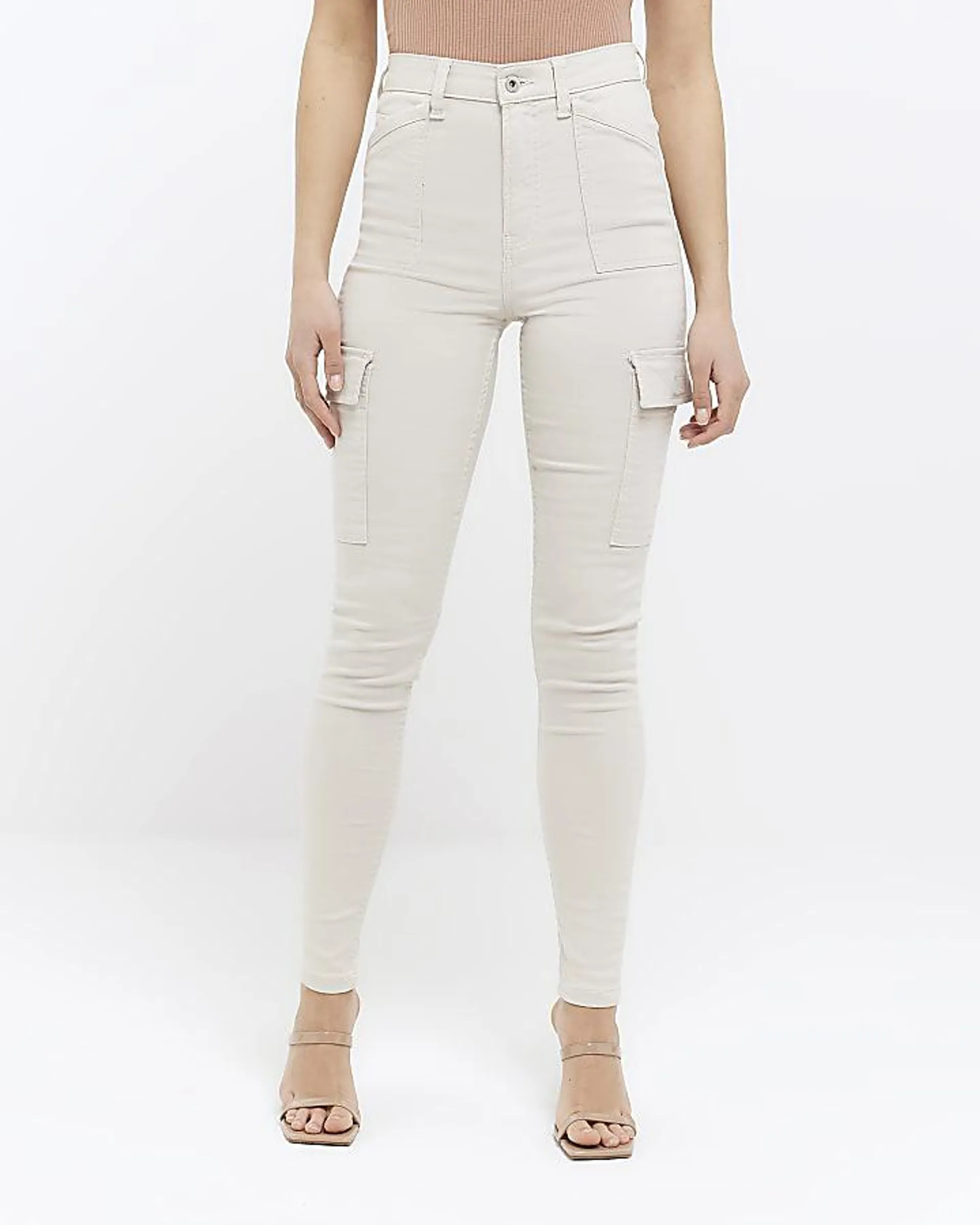 Beige high waisted skinny cargo jeans