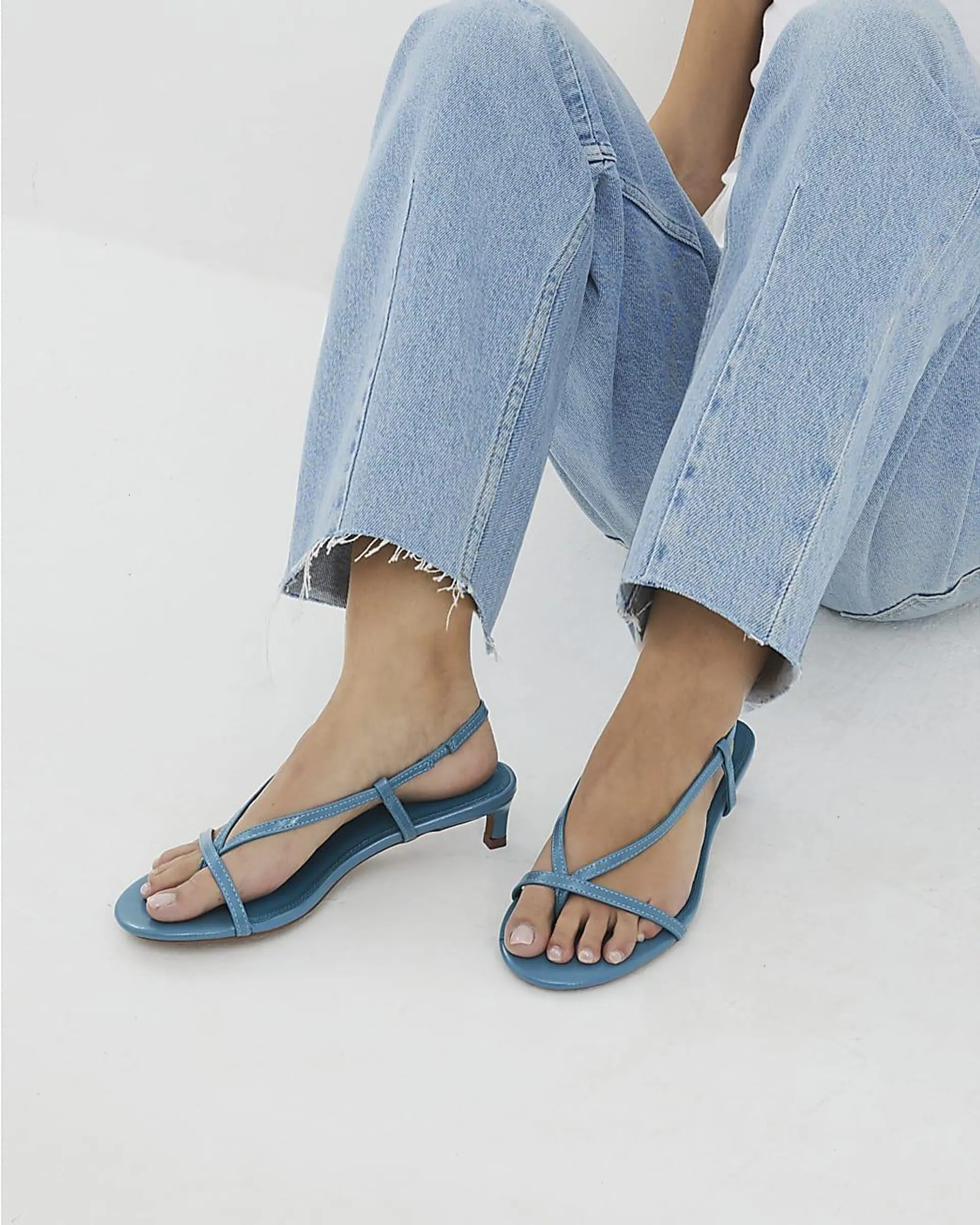 Blue Strappy Toe Thong Kitten Heel Sandals