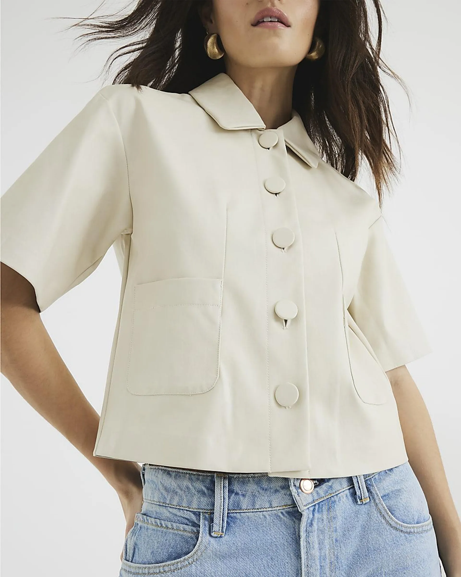 Cream Faux Leather Short Sleeve Shirt