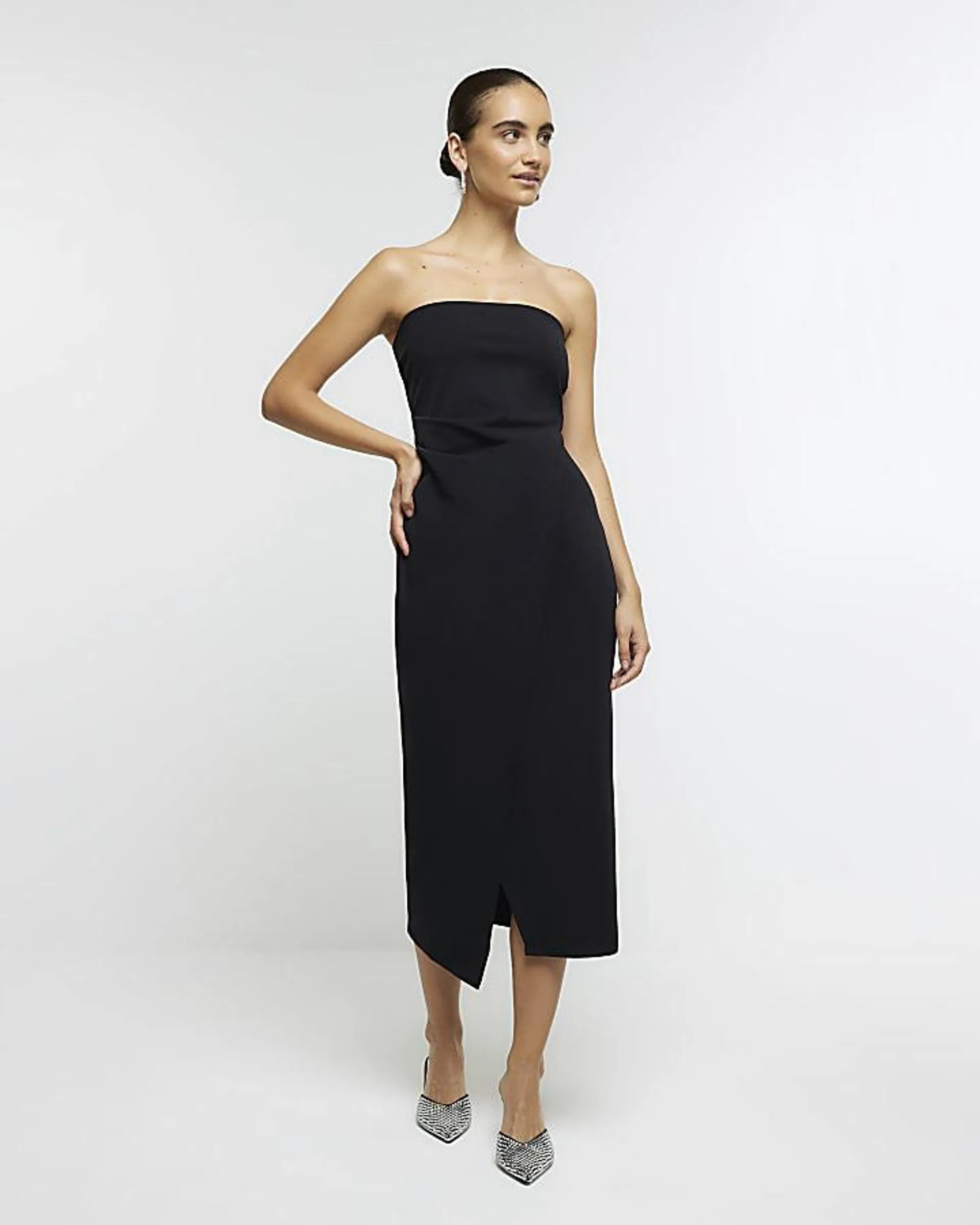 Black bandeau wrap midi dress