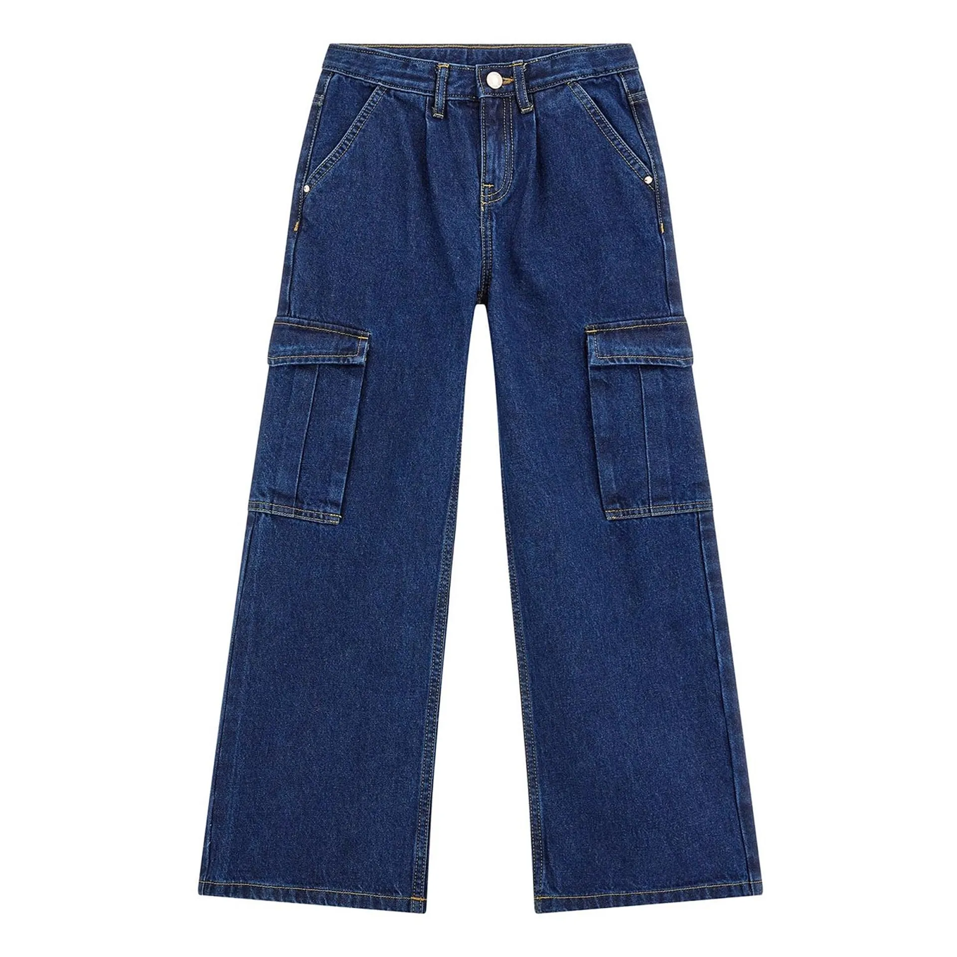 Mid-Rise Cargo Wide-Leg Denim Jeans