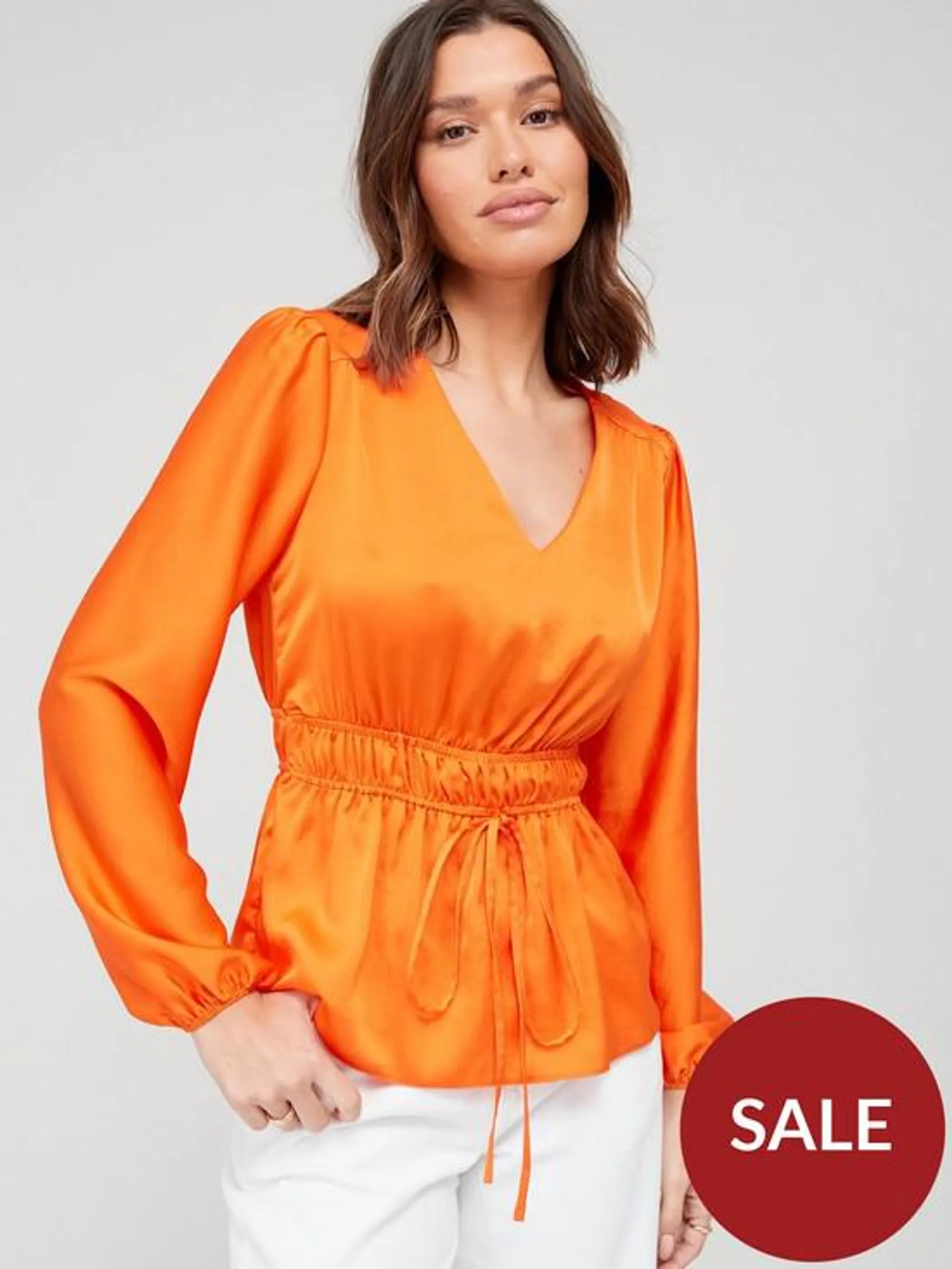 Satin Long Sleeve Waisted Blouse - Orange